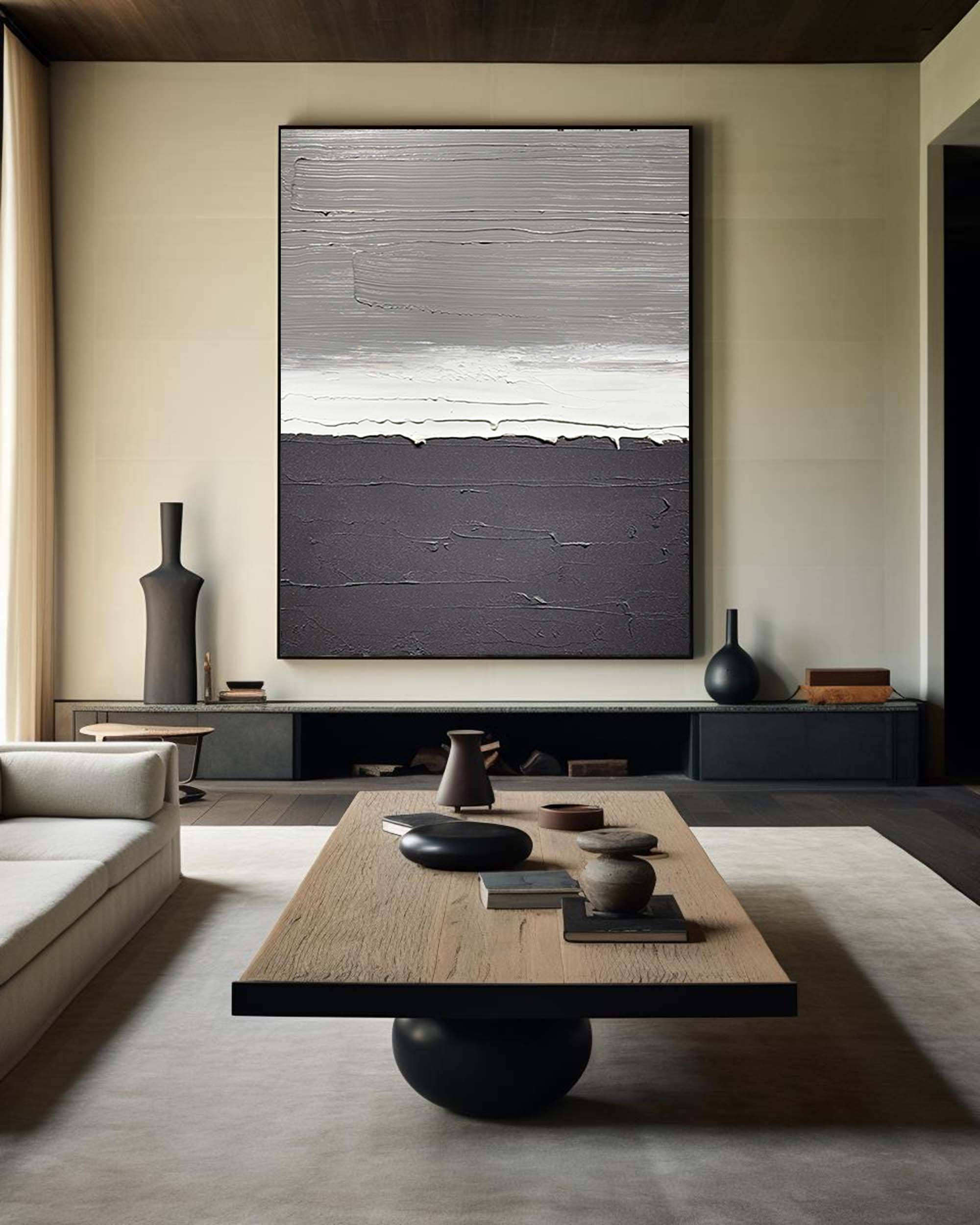Monochrome Gray Black Horizon Abstract Oil Acrylic Linen Canvas Painting