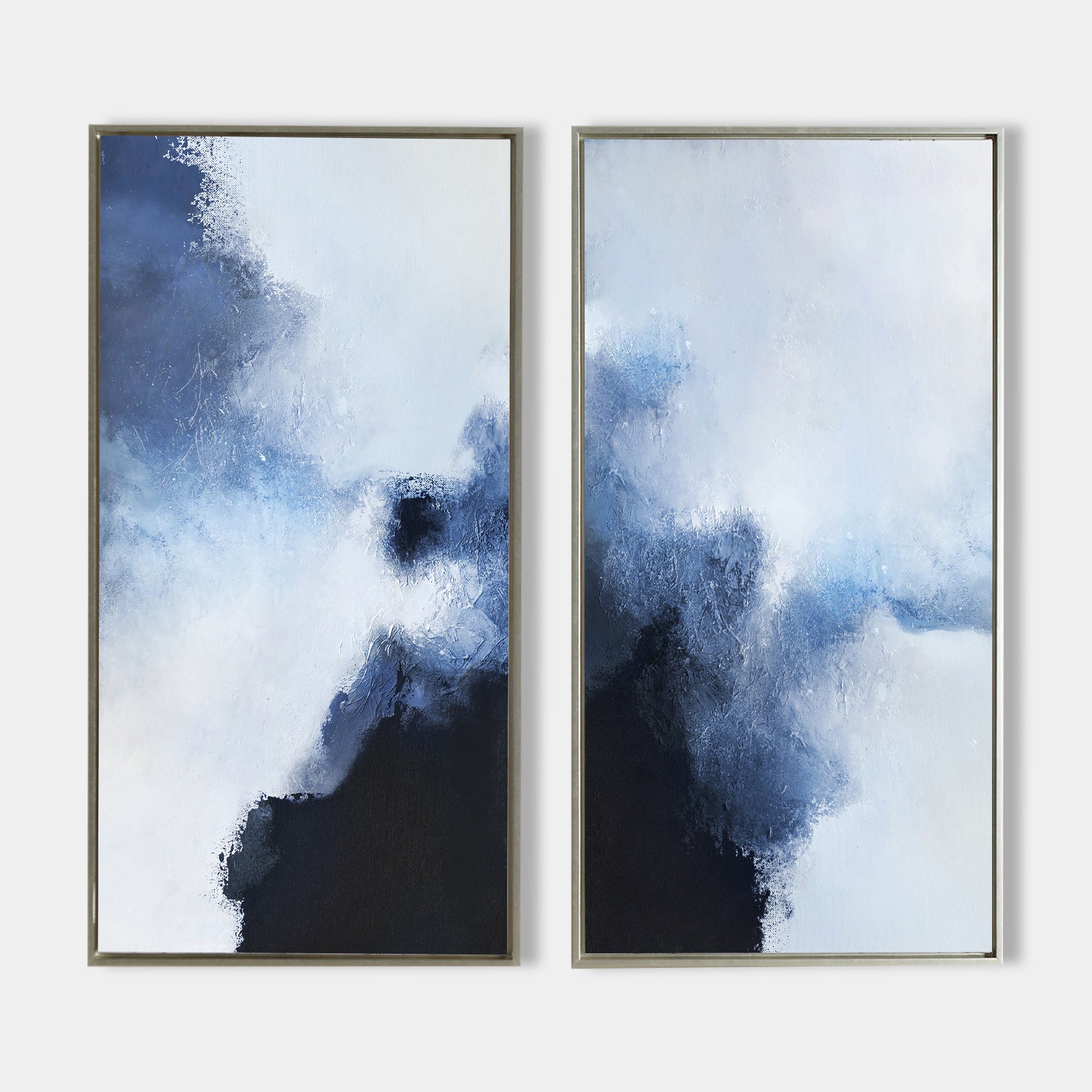 Navy‑Blue‑White Vertical Minimalist Diptych Abstract Textured Artwork