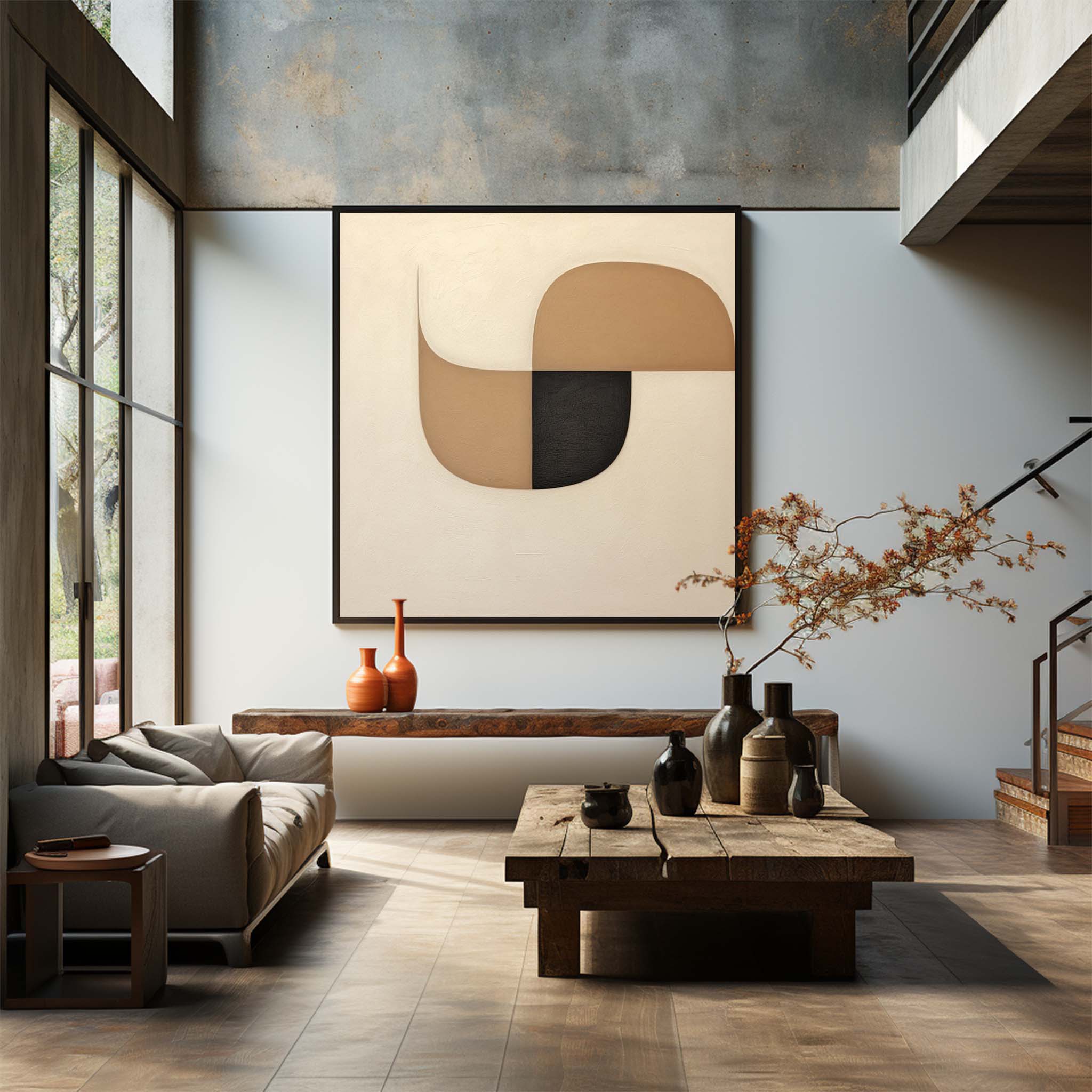 Wall Art Beige Black Abstract Shape Plaster