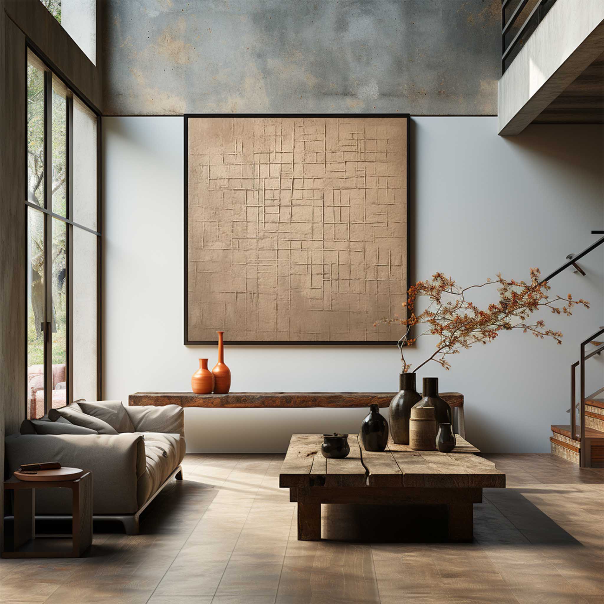 Wall Art Brown Grid Plaster Relief Canvas