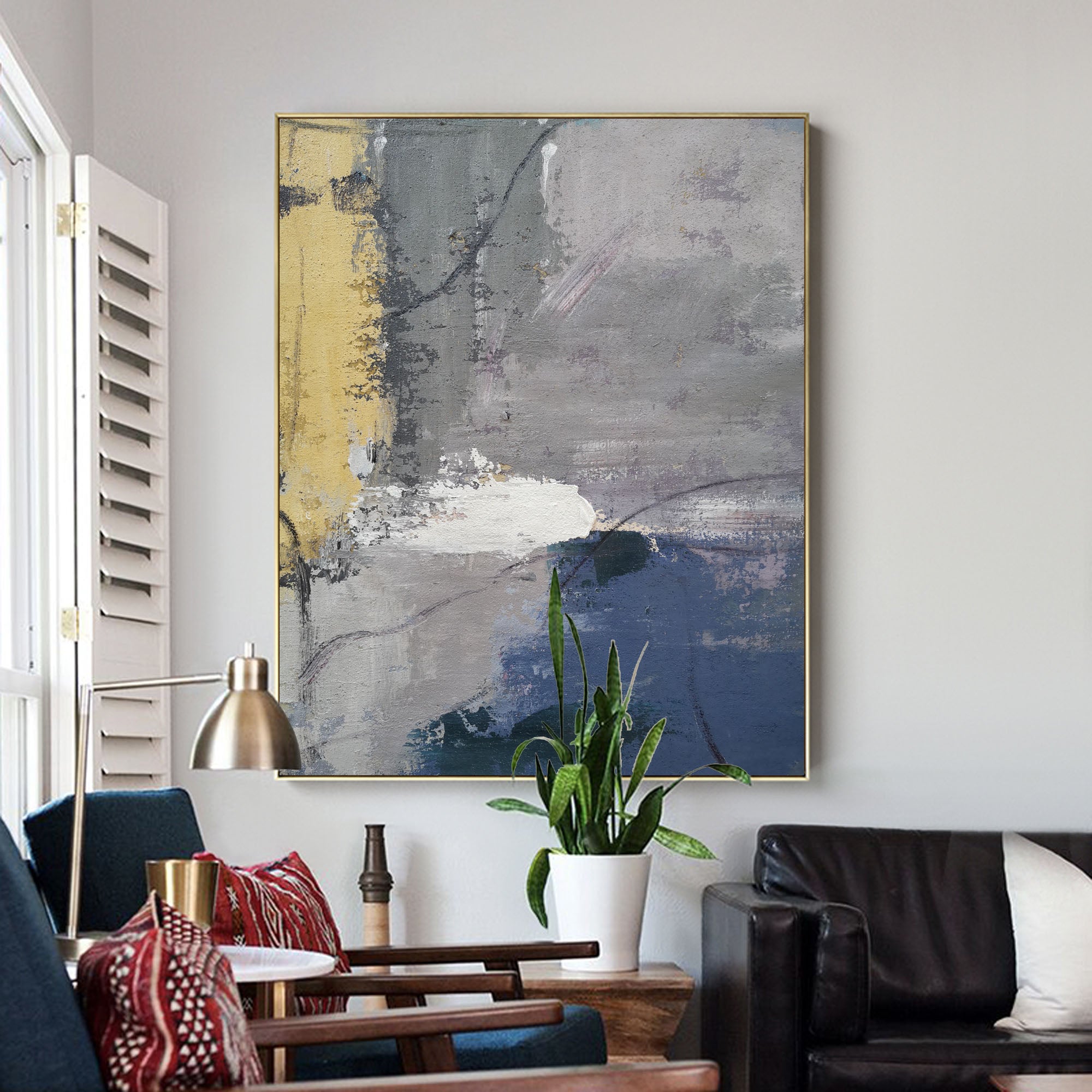 Grey‑Gold Navy‑Accent Vertical Brush‑Stroke Impasto Textured Artwork
