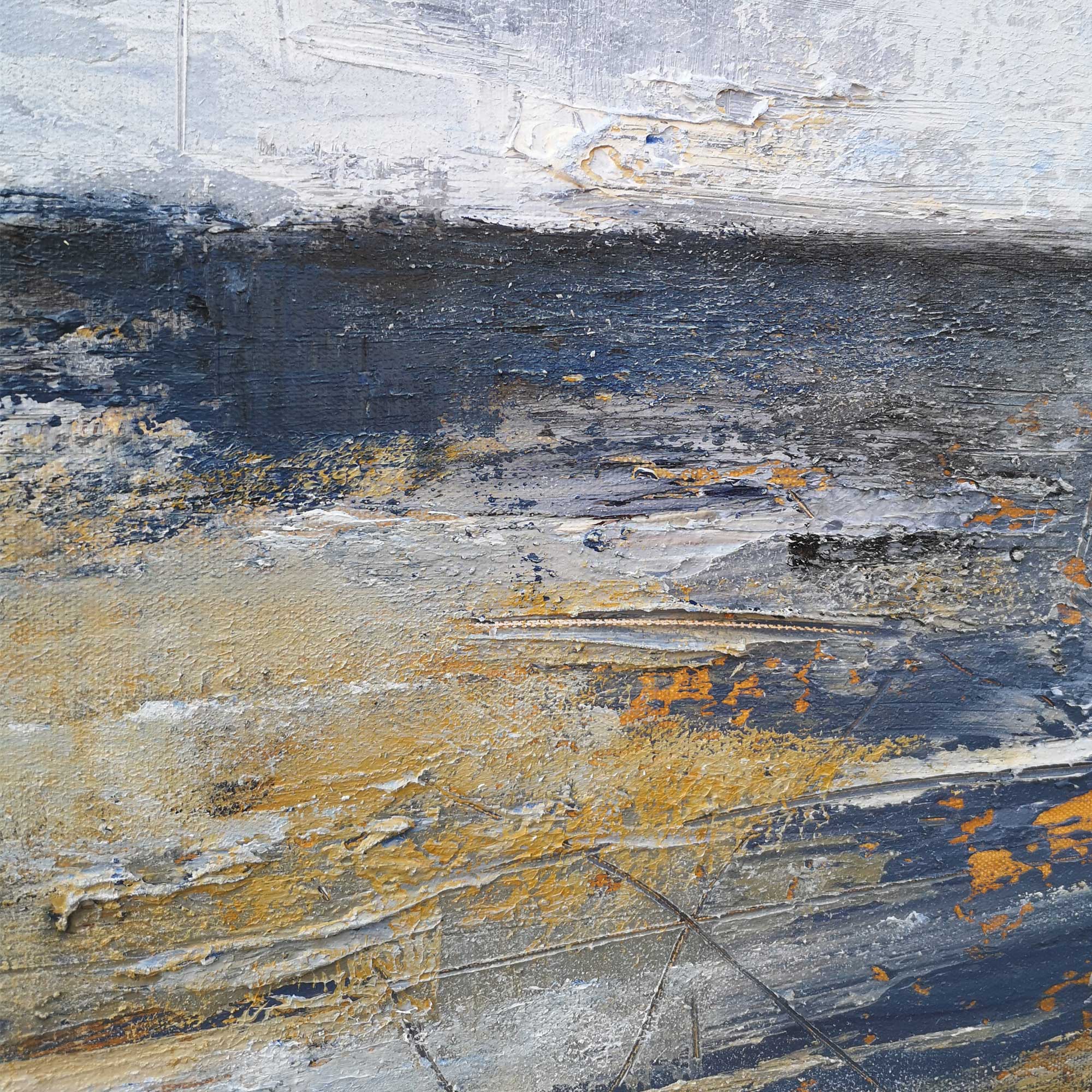 Blue‑Gold‑Grey Vertical Seascape Horizon Impasto‑Textured Artwork