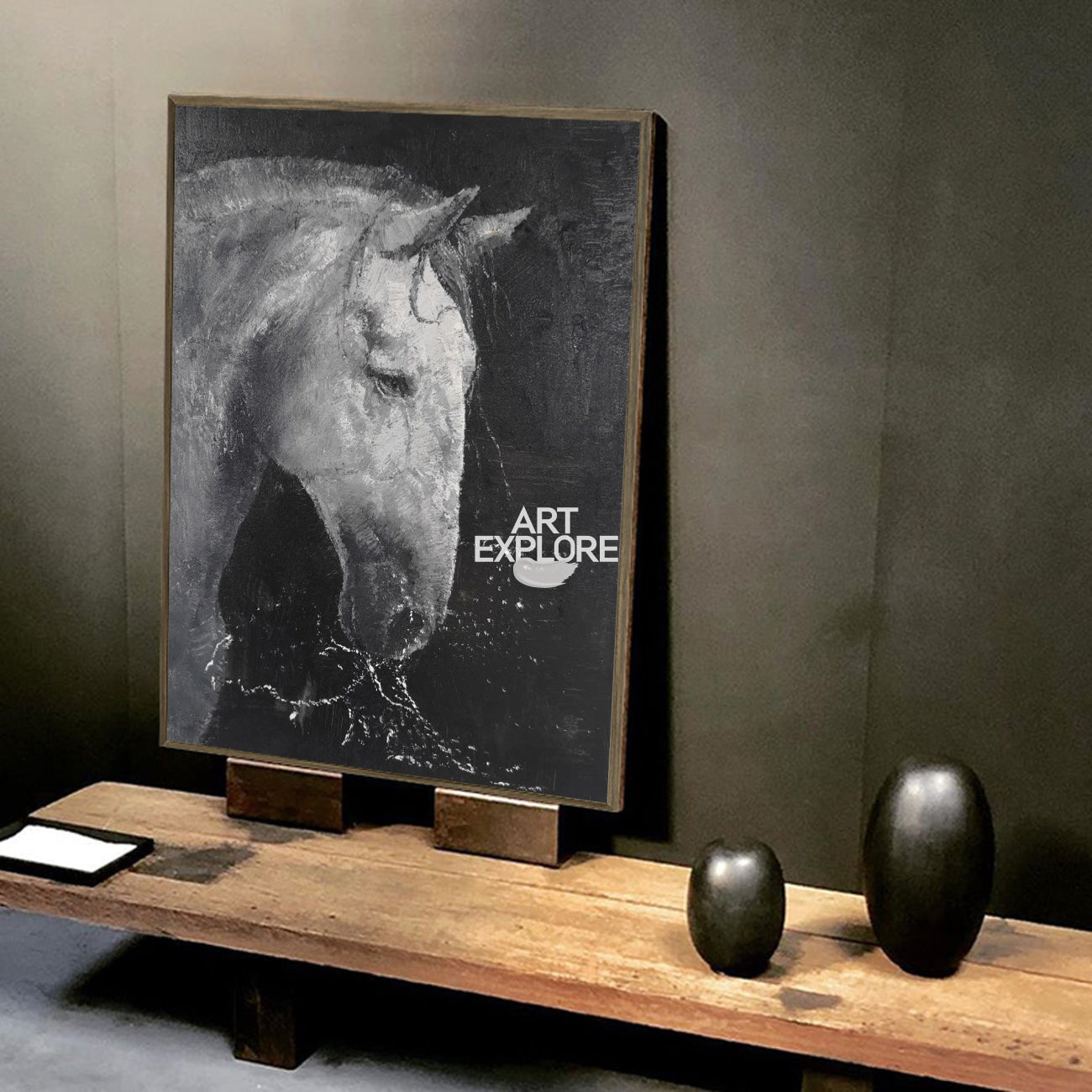 Black White Horse Portrait Canvas Wall Art