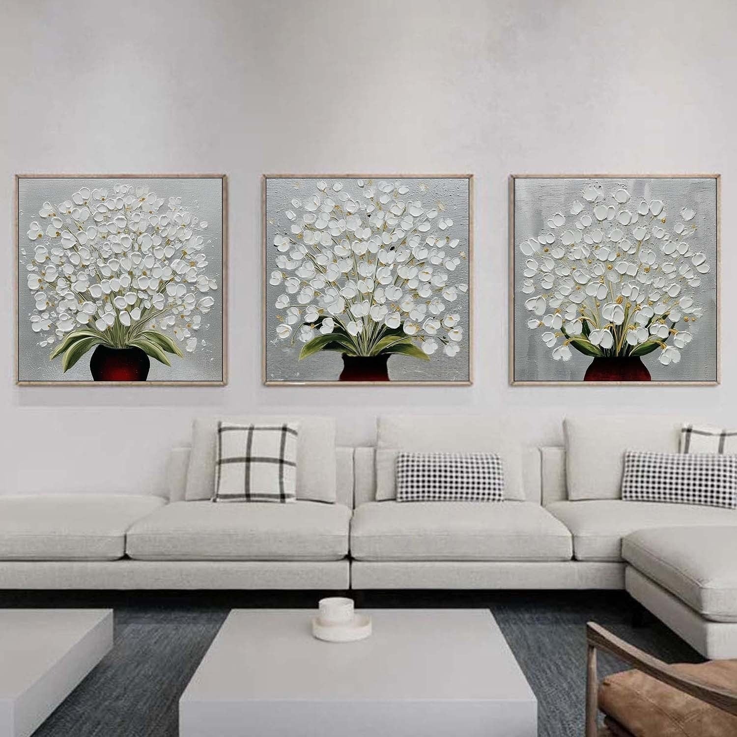 White Floral Triptych 3D Impasto Painting Set Of 3