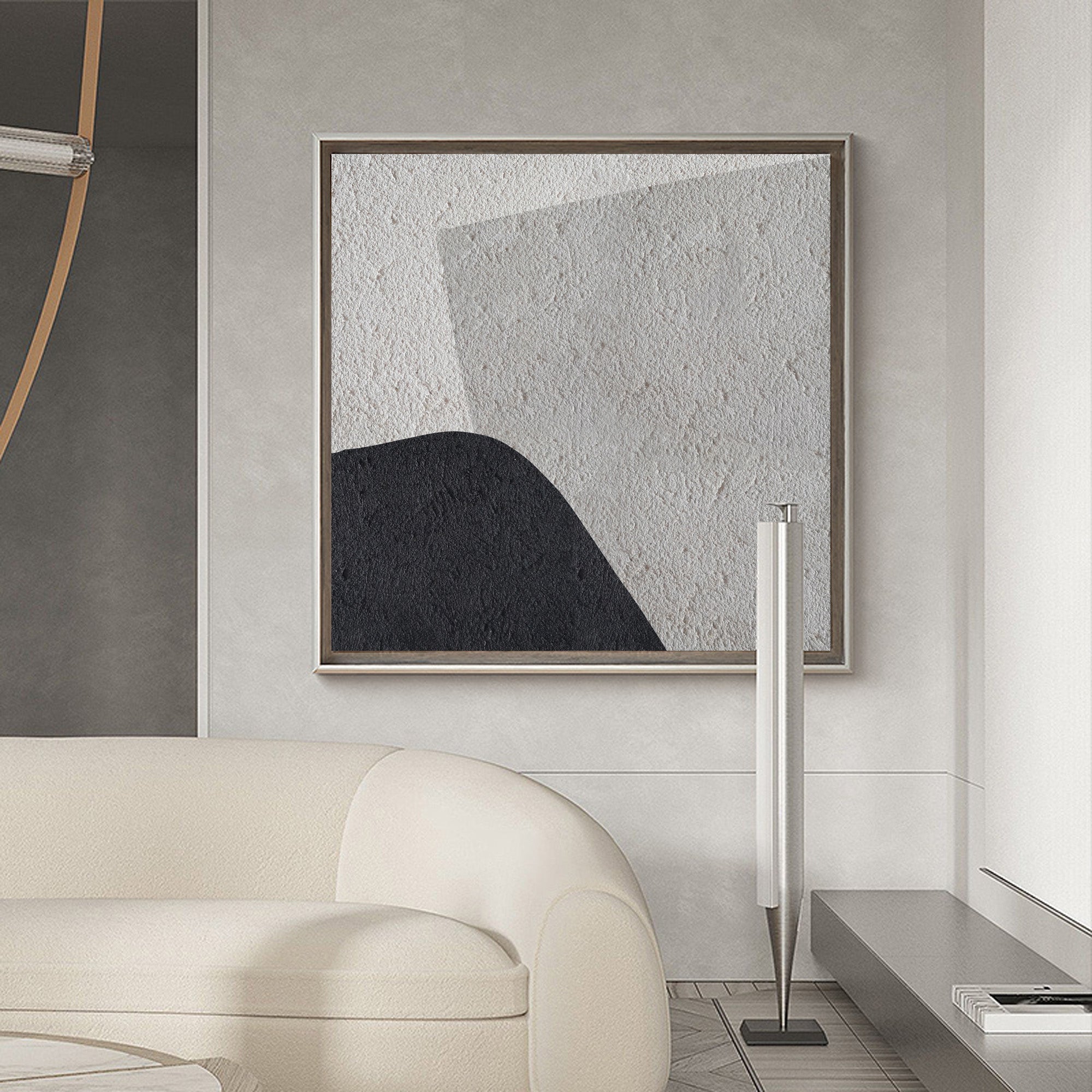 Grey‑Black‑Beige Square Abstract Curved‑Shape Coarse‑Textured Artwork