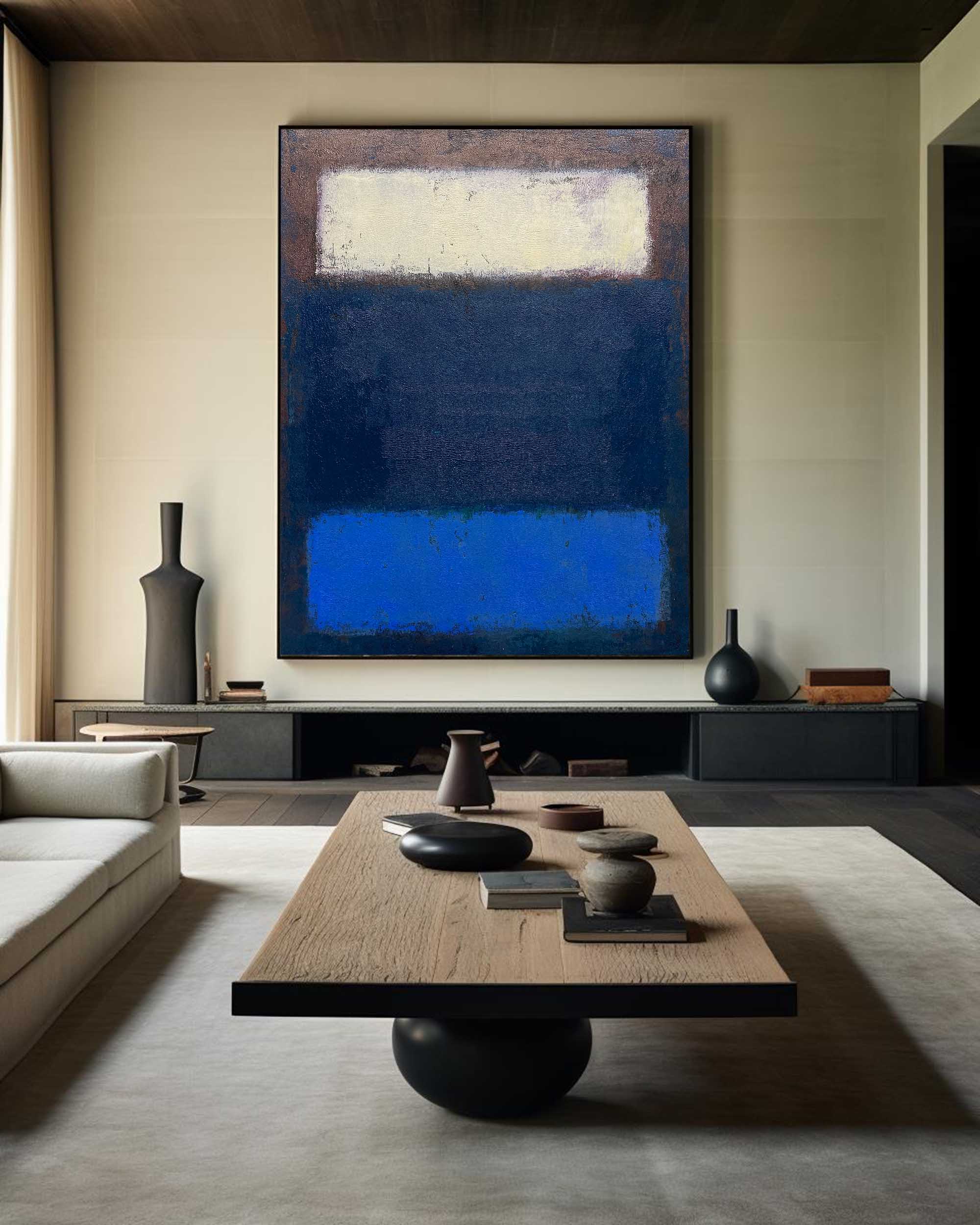 Navy‑Blue Cream‑Block Vertical Layer‑Panel Impasto Textured Artwork