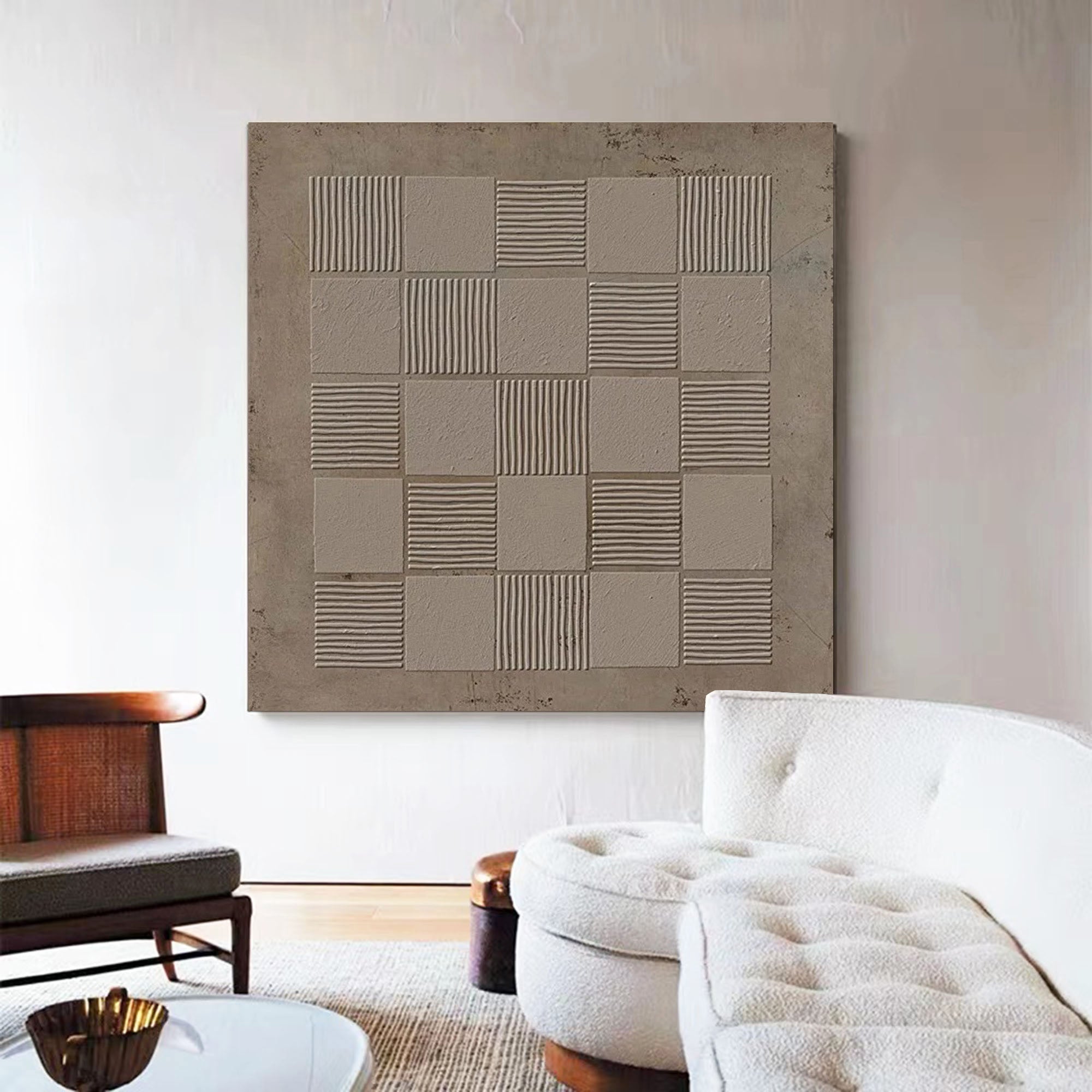 Beige‑Taupe Square Grid‑Line Raised‑Textured Artwork