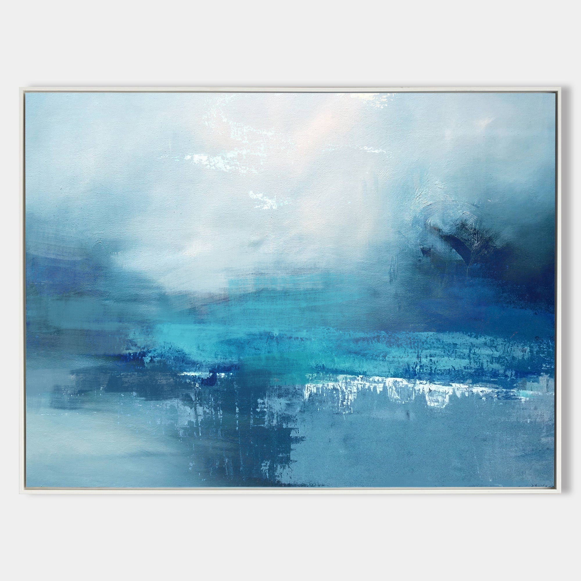Teal‑Blue Horizontal Misty‑Ocean Abstract Seascape Textured Artwork