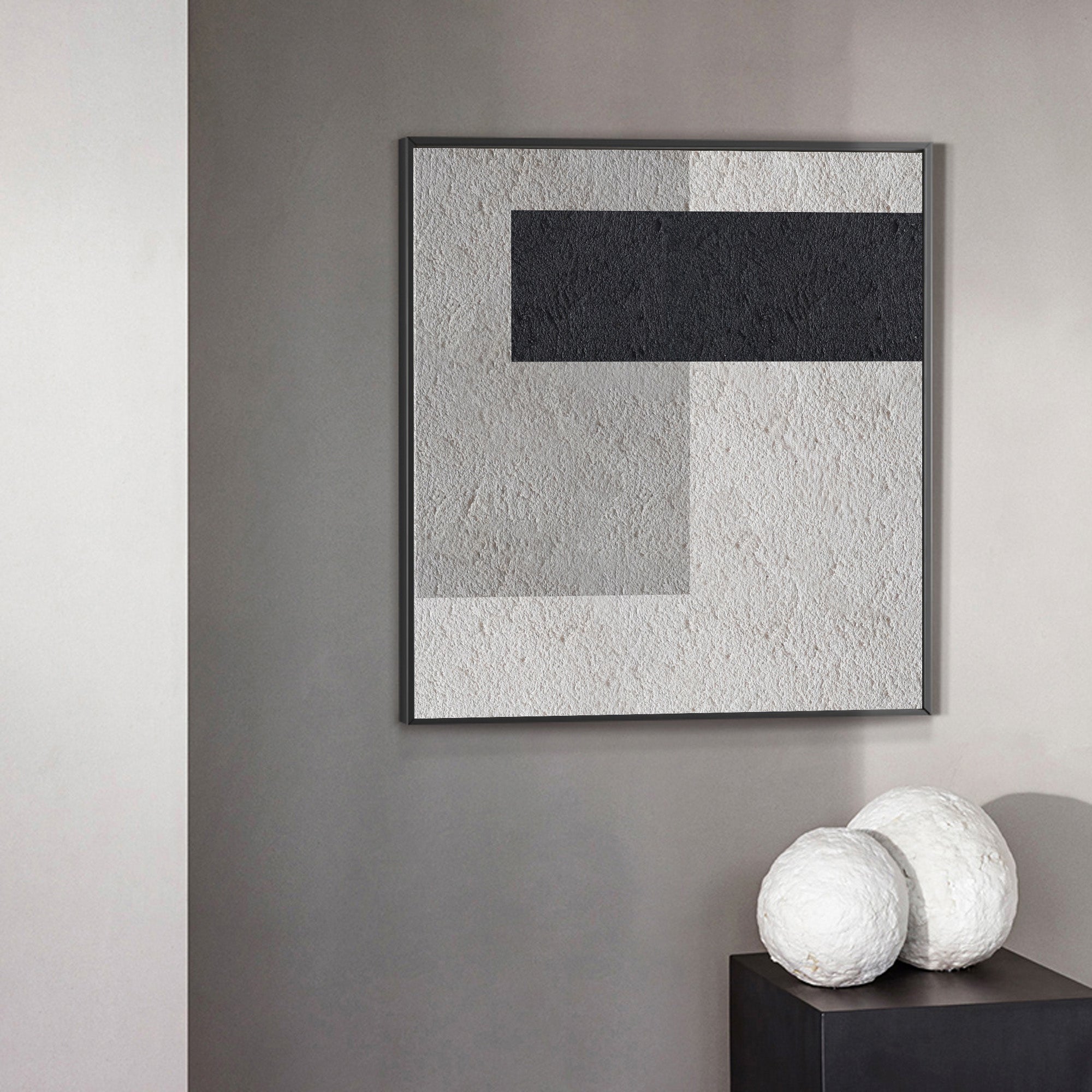 Black‑Grey‑Beige Square Geometric Block‑Segment Contrast‑Textured Artwork