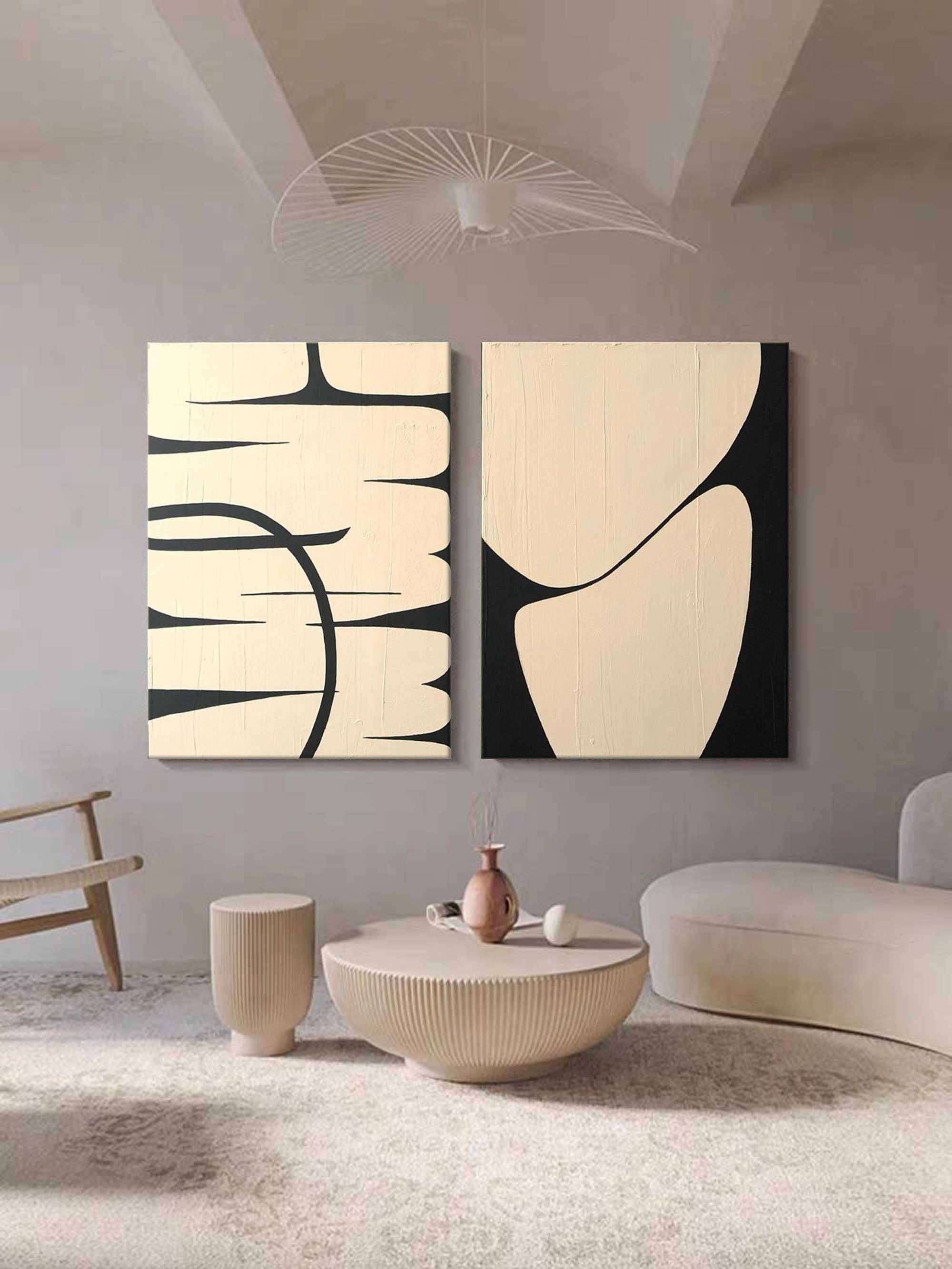 Wall Art Beige Black Curved Line Abstract Diptych