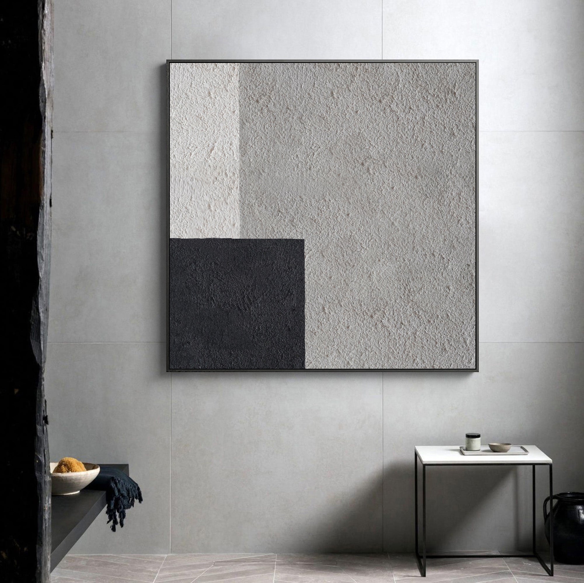 Grey‑Black‑Beige Square Geometric Offset‑Block Coarse‑Textured Artwork