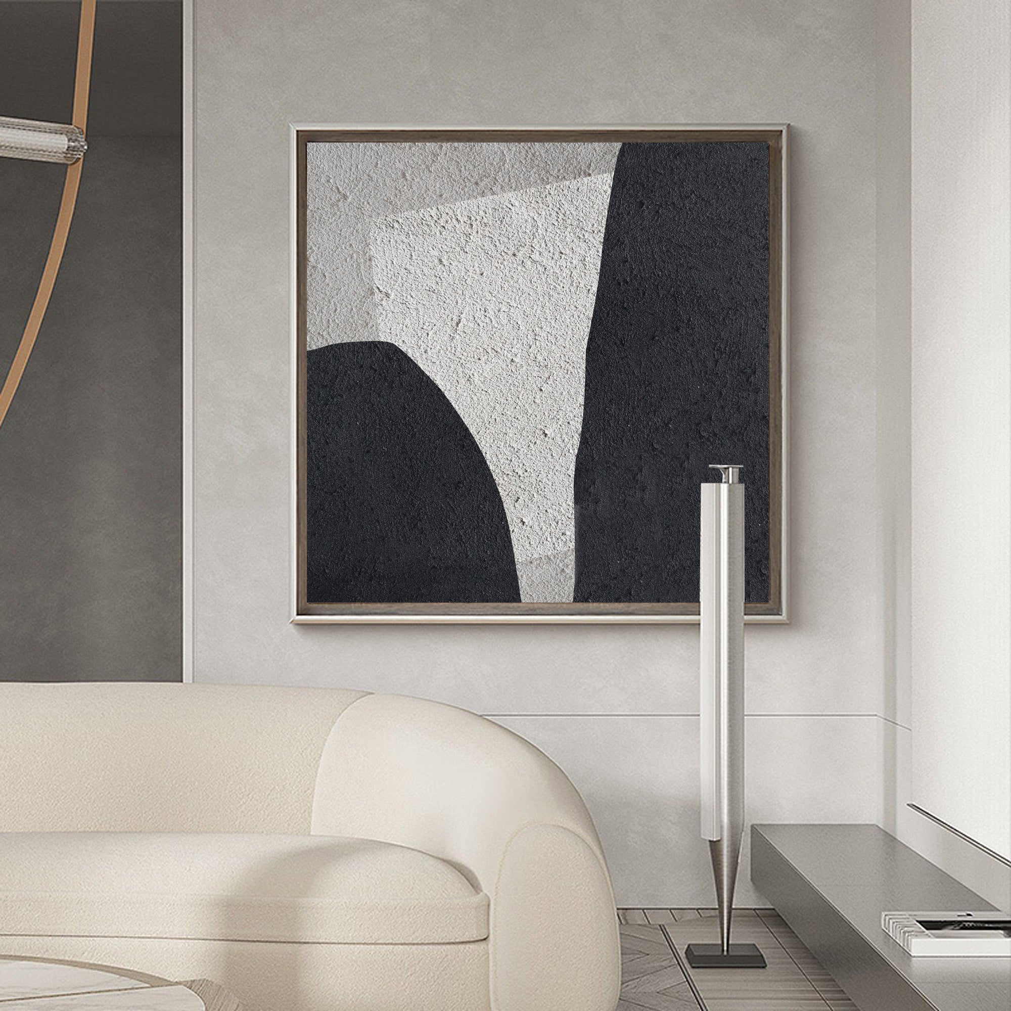 Black‑Off‑White Square Geometric Layered‑Curve Coarse‑Textured Artwork