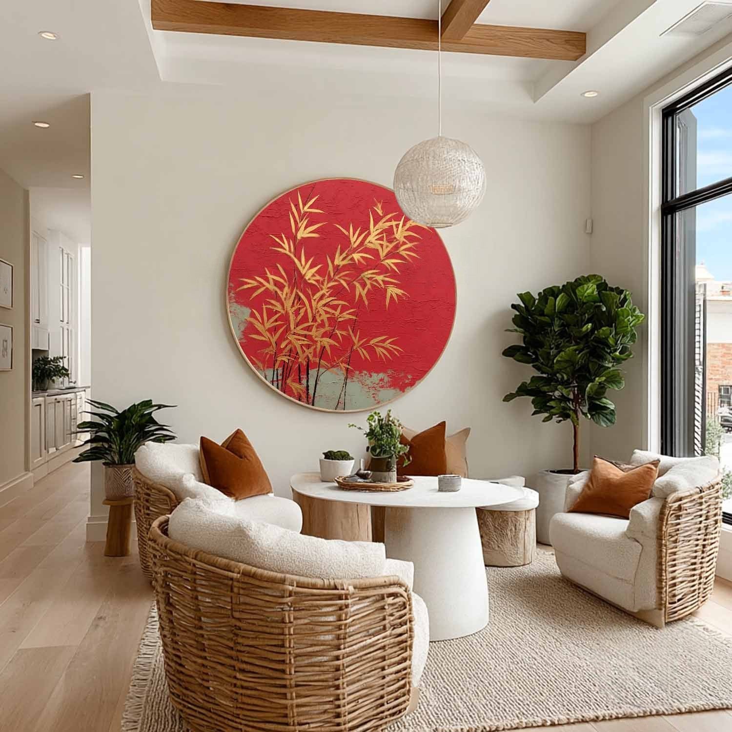 Wall Art Round Golden Bamboo Red