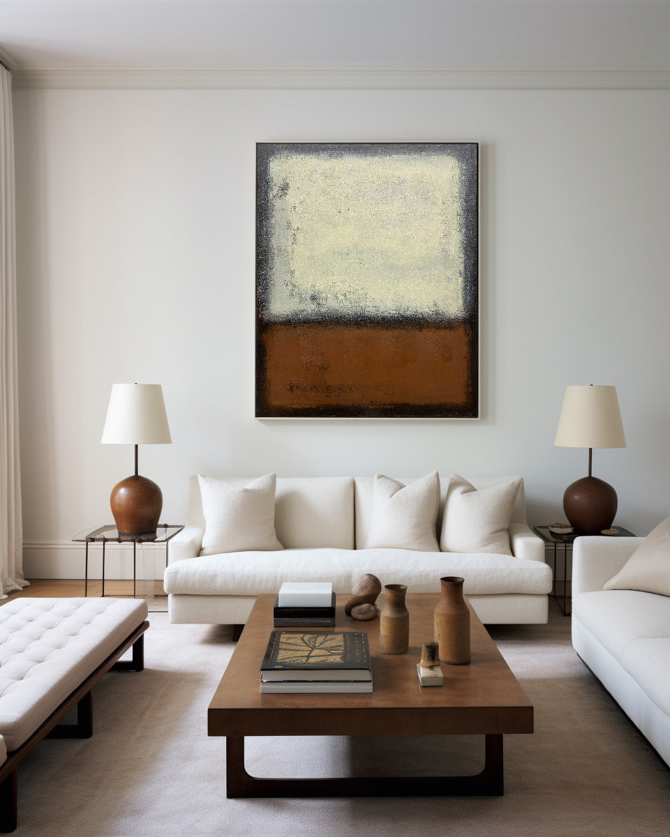 Rust‑Cream Vertical Block‑Contrast Framed Impasto Textured Artwork