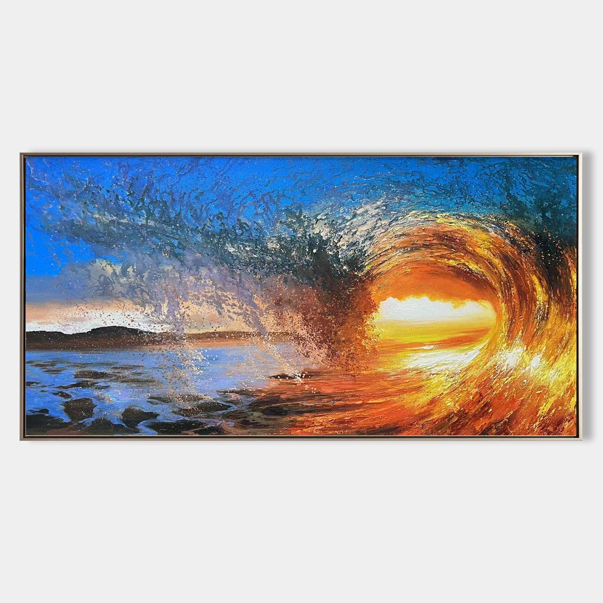 Abstract Golden Sunset Swirl Oil Acrylic Linen Canvas Painting