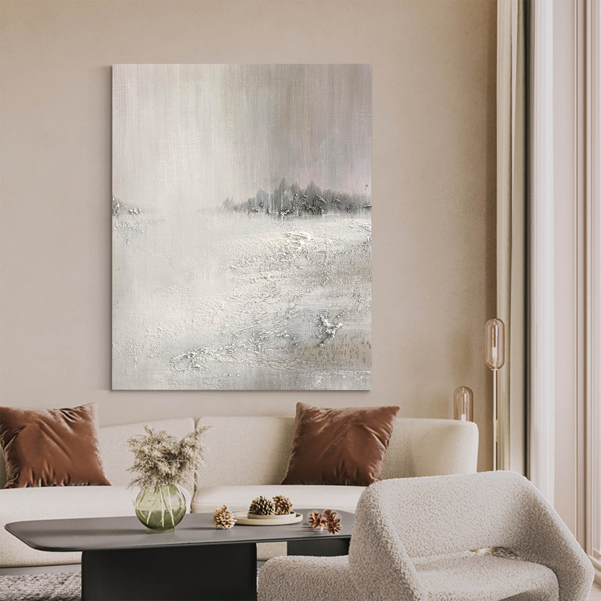 Grey‑Off‑White Vertical Mist‑Scenery Heavy‑Textured Artwork