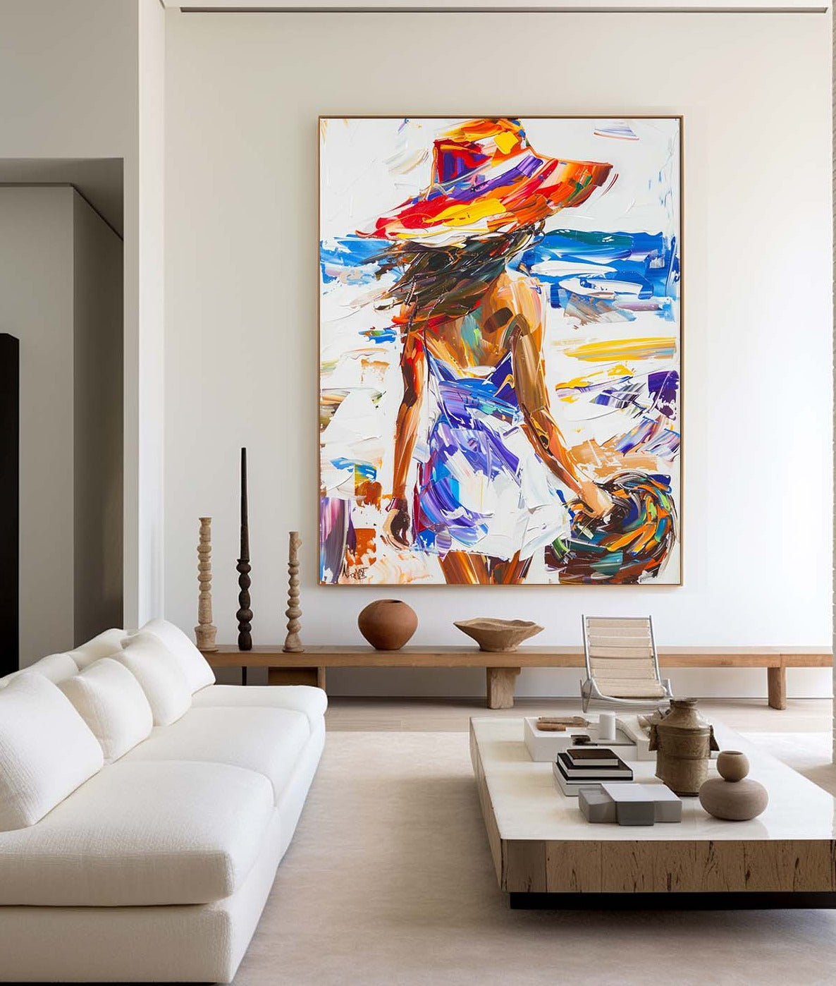 Colorful Hat Woman Beach Oil Painting