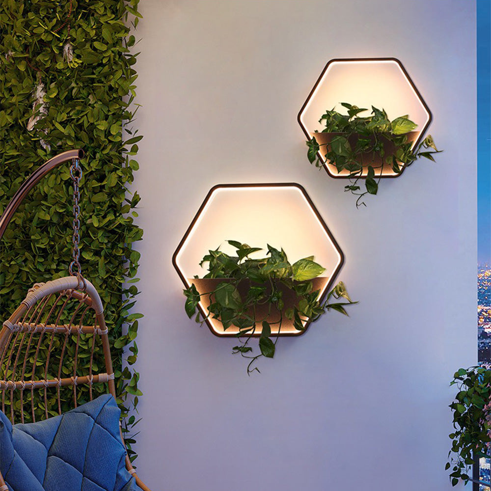 Ray Minimalist Hexagonal Ring With Shelf Metal Outdoor Wall Lamp, Black - Neutralighting
