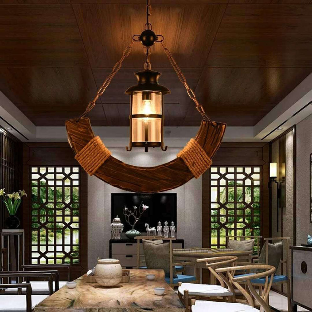 Epoch Retro Rustic Arc Metal/Wood Lantern Glass Pendant Light - Neutralighting