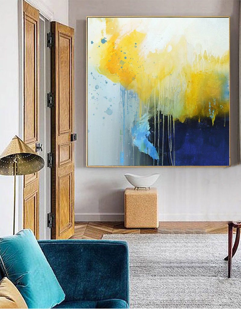 Yellow‑Deep‑Blue Square Fluid‑Wash Dripping Abstract Textured Artwork
