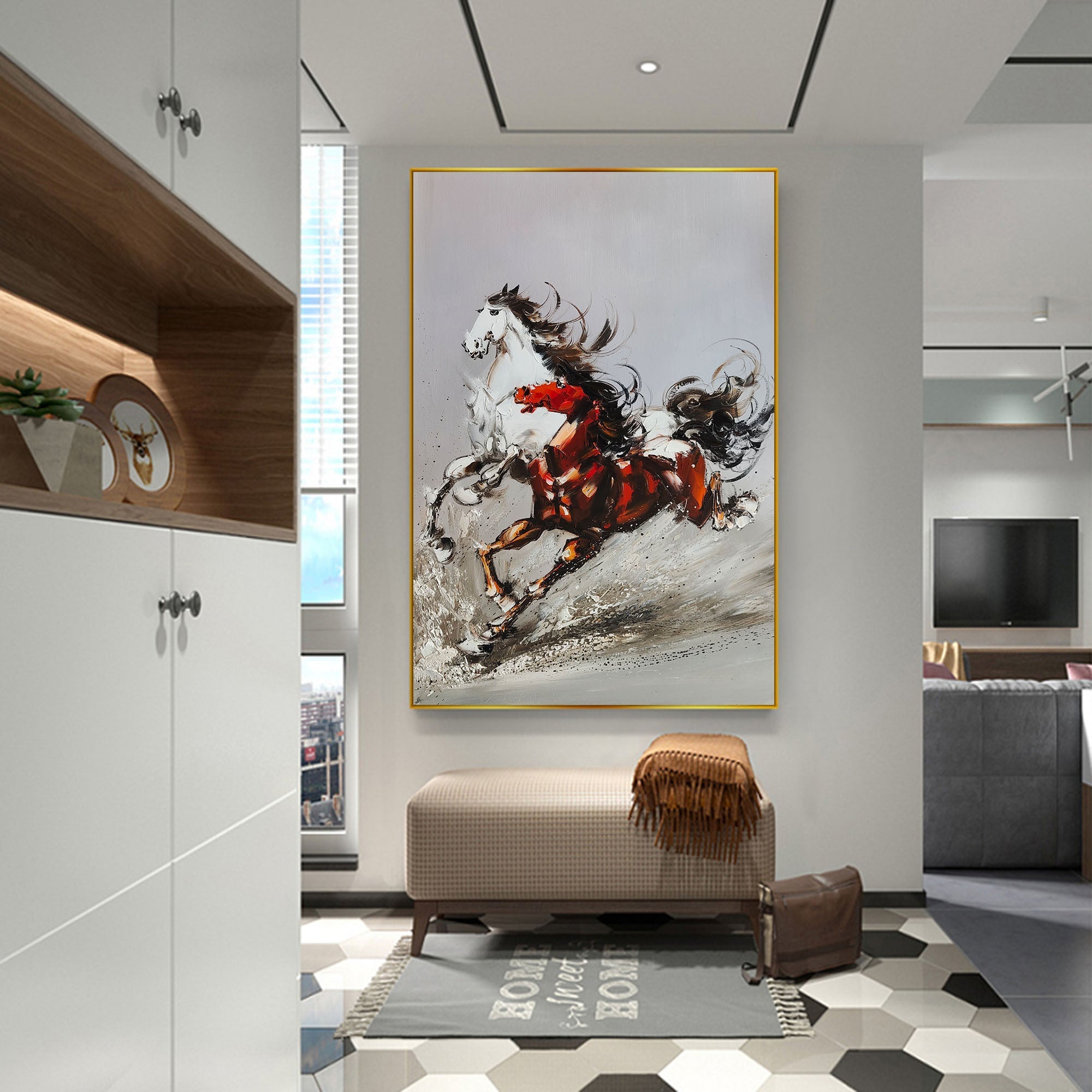 Dynamic Red and Black Abstract Horse Canvas Wall Art