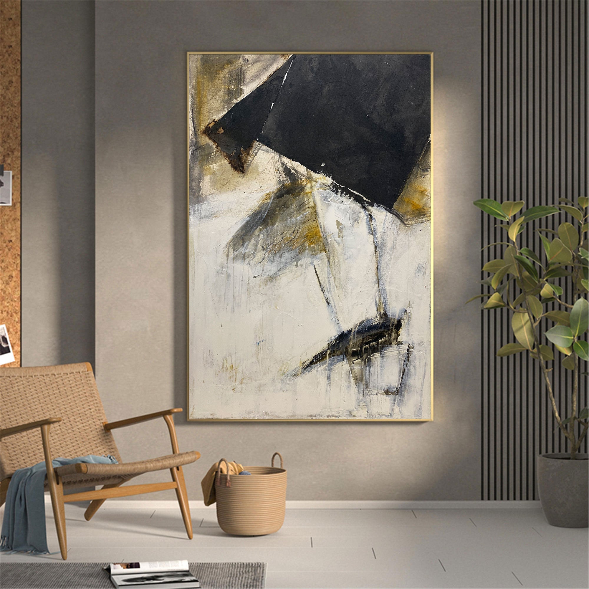 Black‑Gold Off‑White Vertical Geometric‑Fragment Impasto Artwork