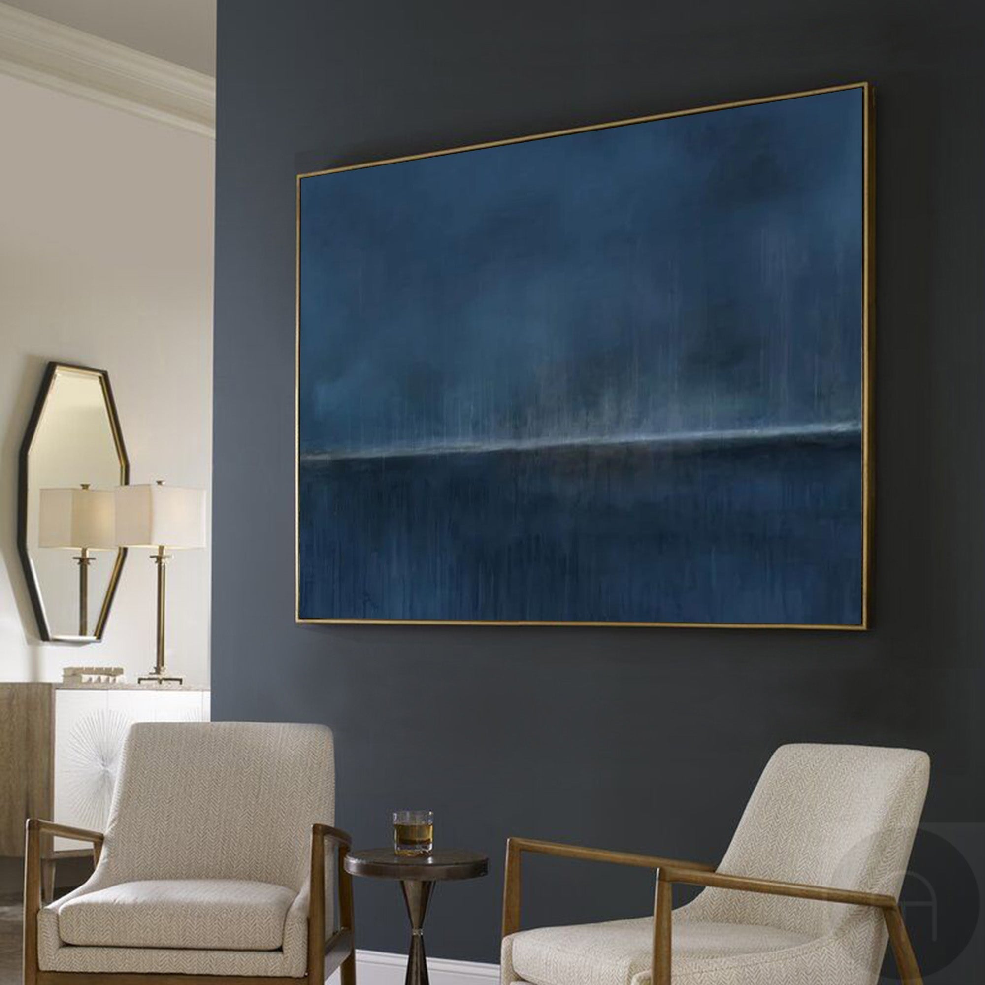Wall Art Dark Blue Horizon Seascape Minimalist Textured Canvas Living Room | Neutralighting