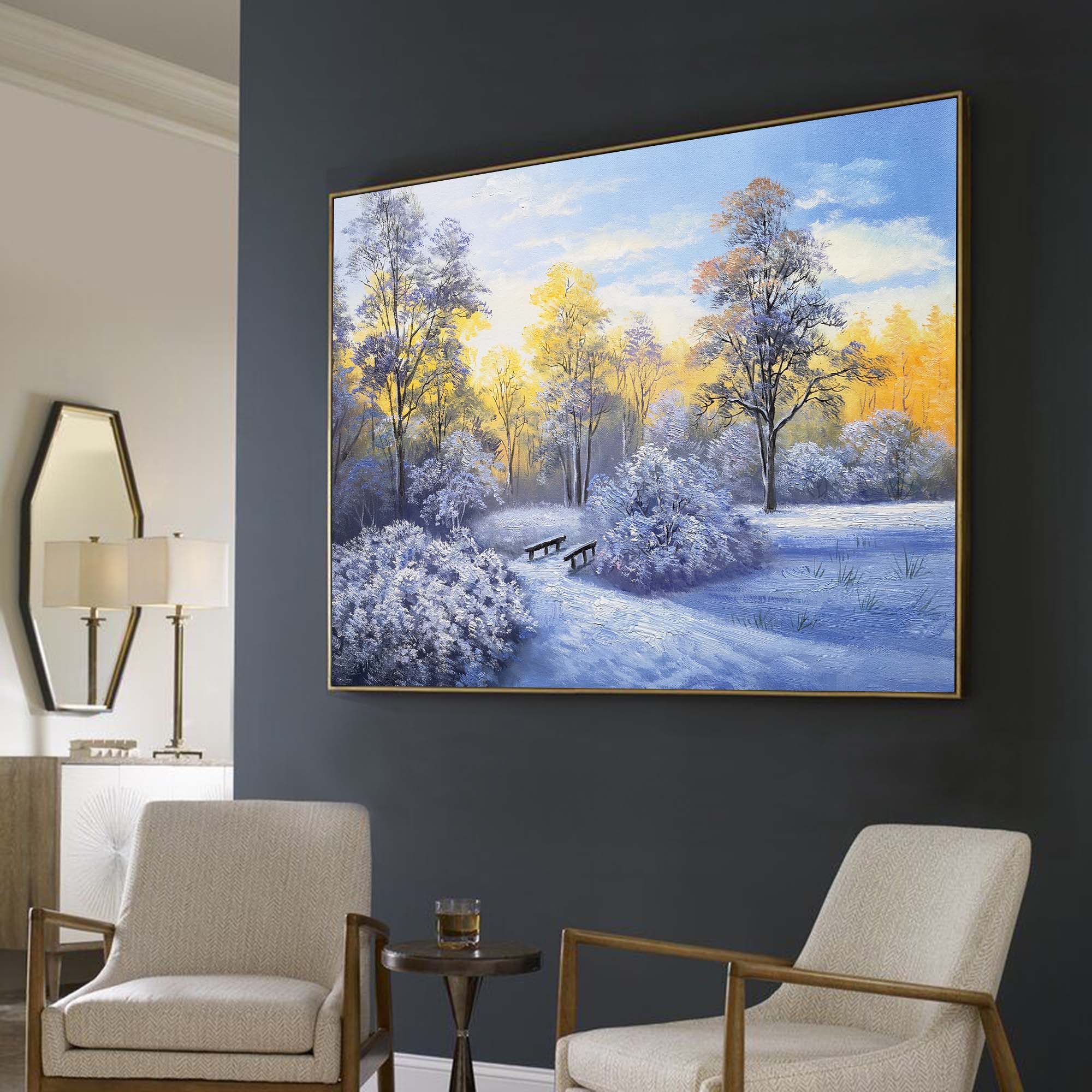 Sunlit Snowy Woodland Scene Vibrant Warm‑Cool Tone Nature Wall Art