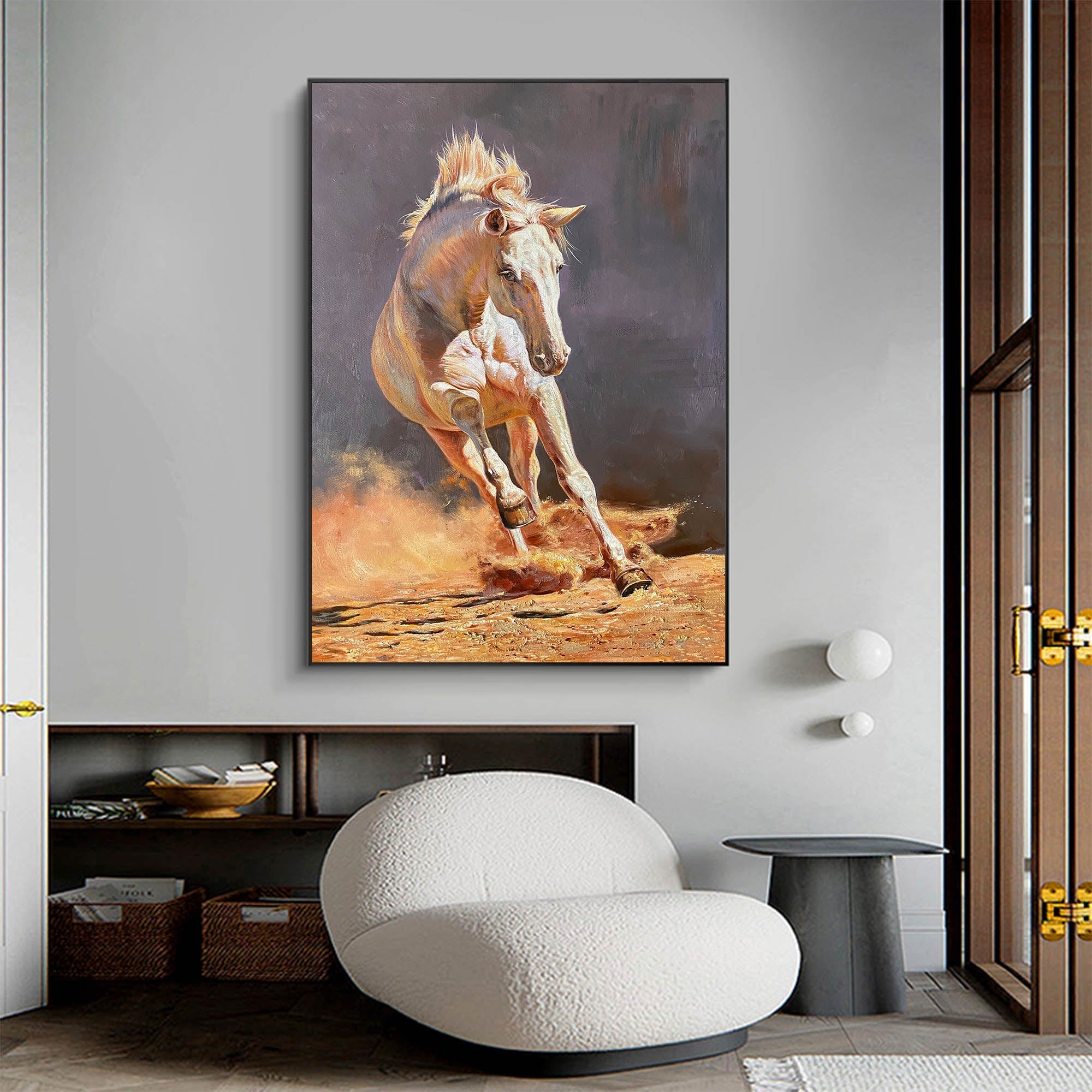 Orange‑Grey Vertical Galloping‑Horse Textured‑Brush Artwork