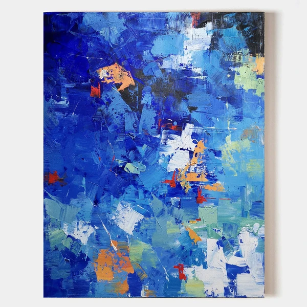 Deep‑Blue Orange‑Splash Vertical Seascape Impasto Textured Artwork