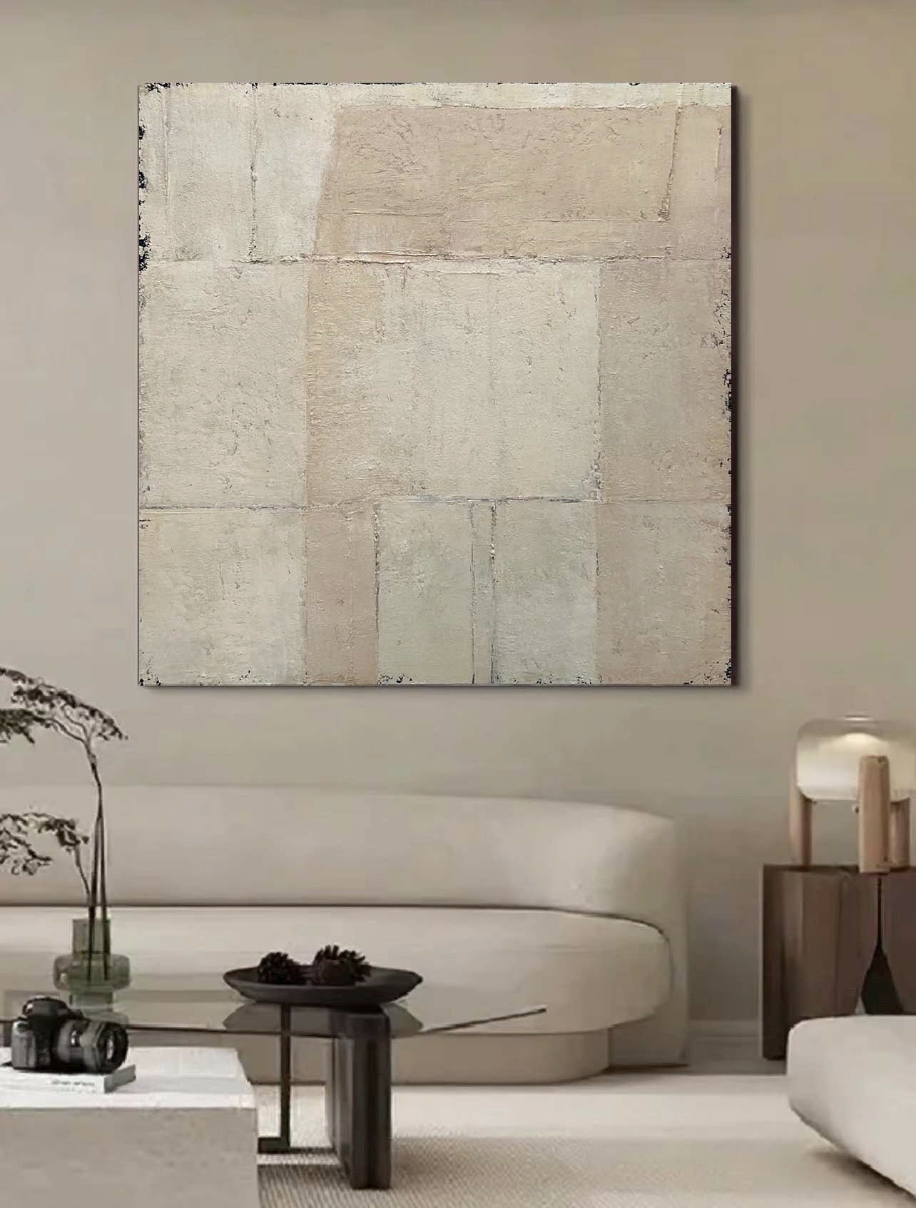 Beige‑Cream Patch‑Block Square Abstract  Thick Tactile‑Texture Artwork