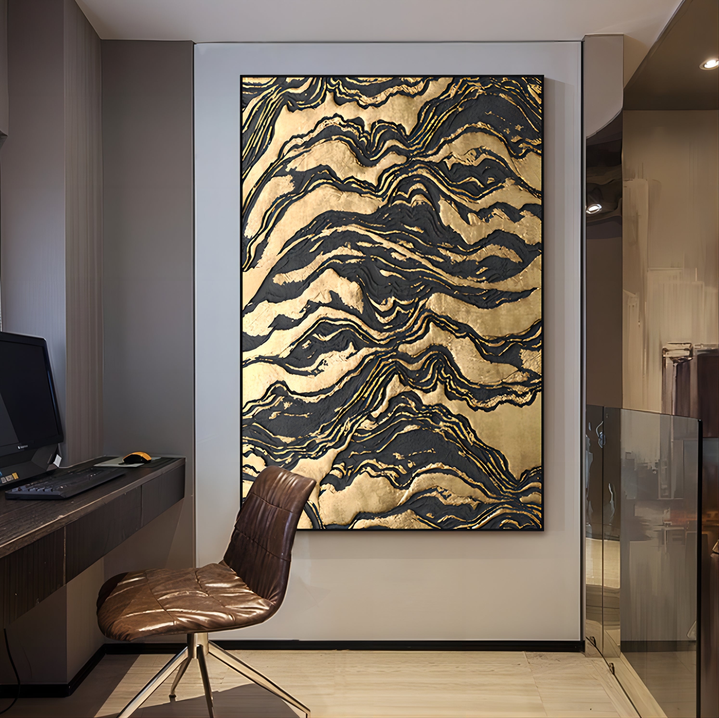Wall Art Textured Gold Black Abstract Wavy