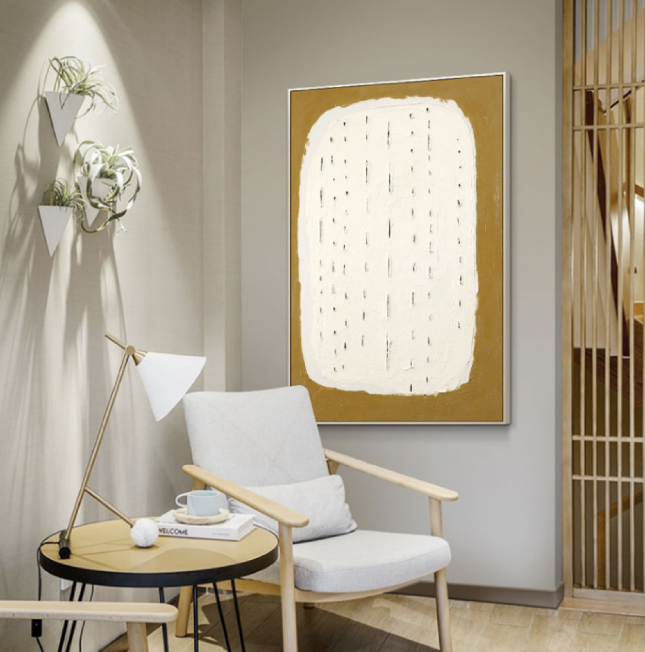 Wall Art Mustard White Vertical Line Abstract