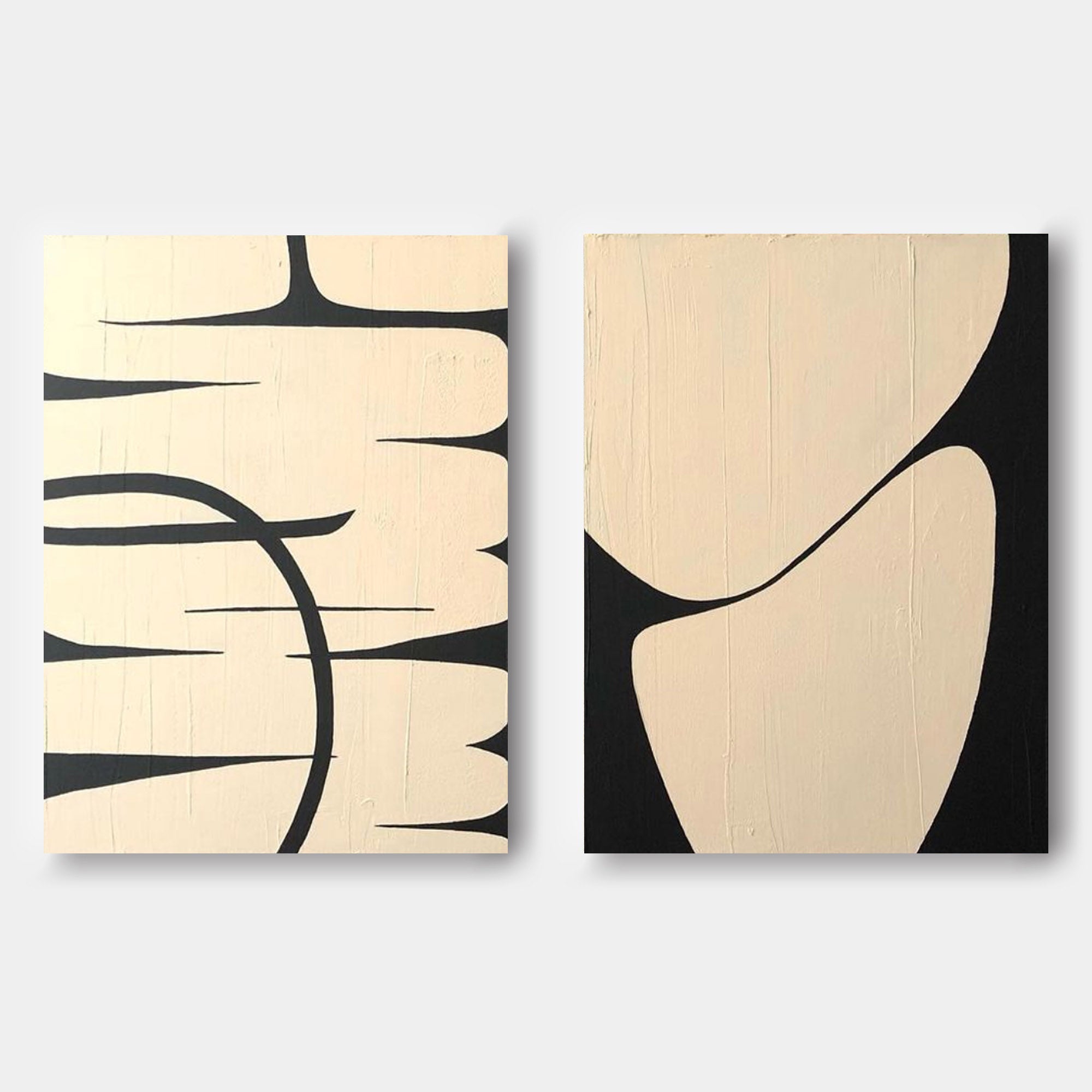 Wall Art Beige Black Curved Line Abstract Diptych