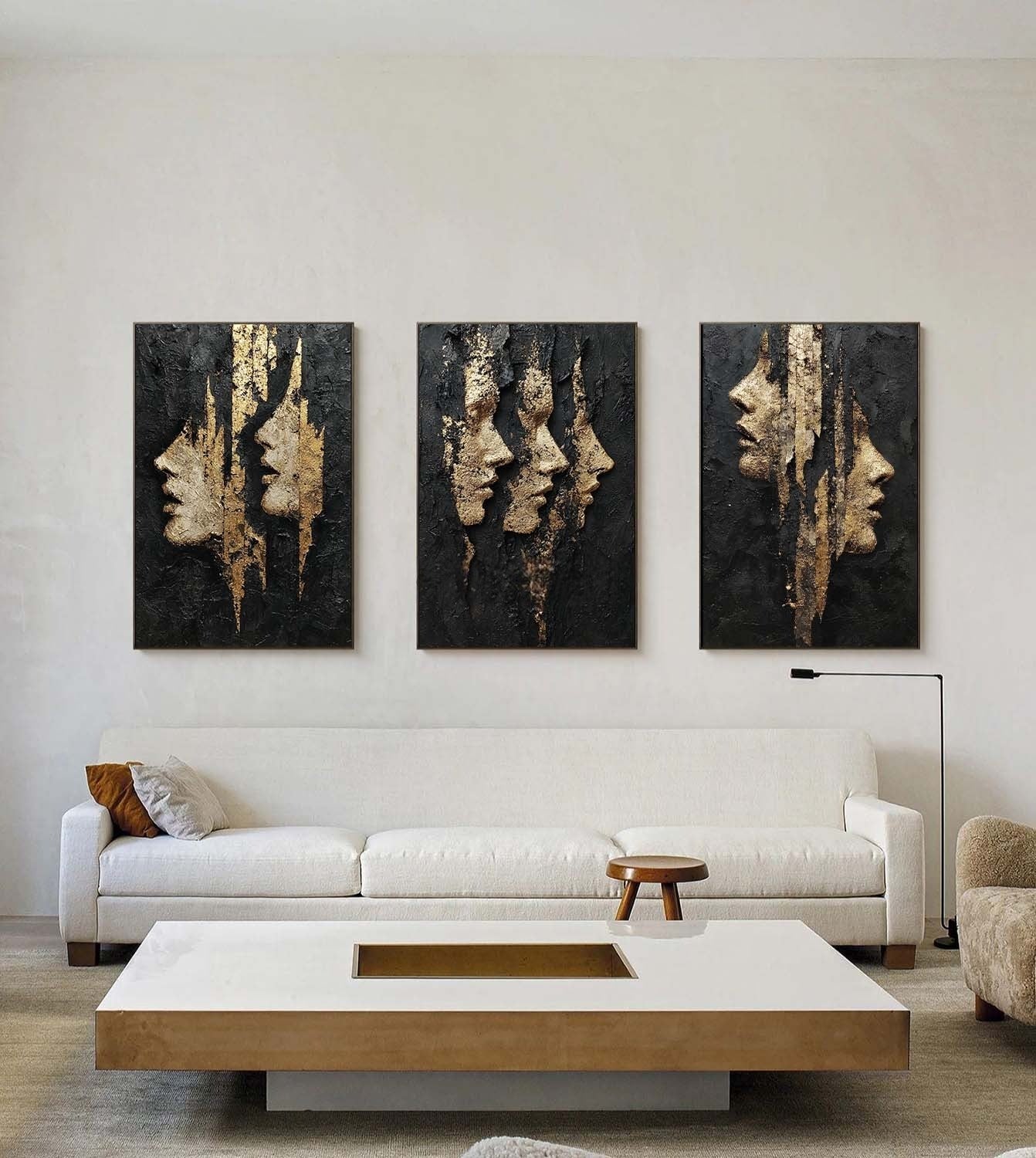 Black and Gold Abstract Faces Triptych Painting