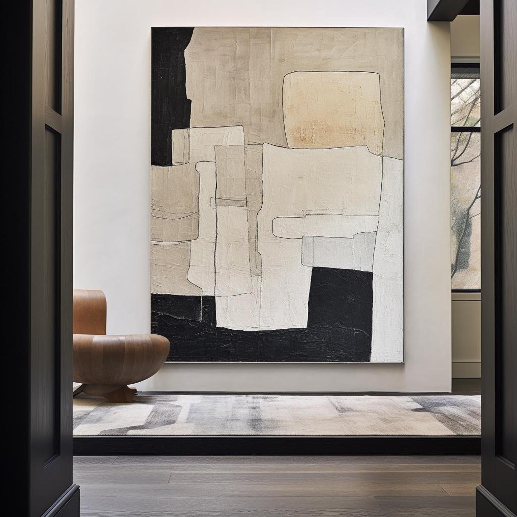 Neutral Black Beige Geometric Abstract Layered Wall Art