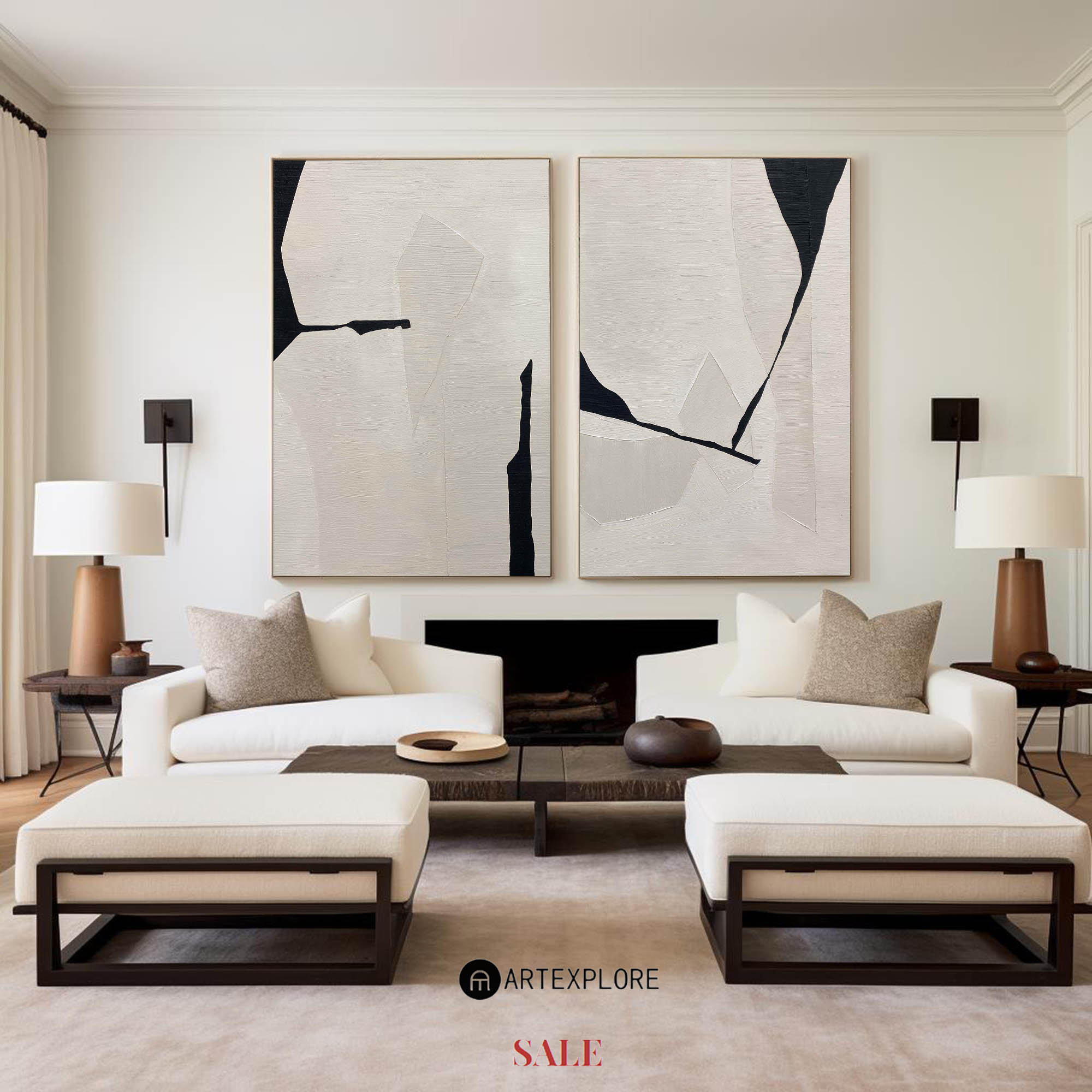 Minimalist Ivory Black Abstract Geometric Diptych Wall Art