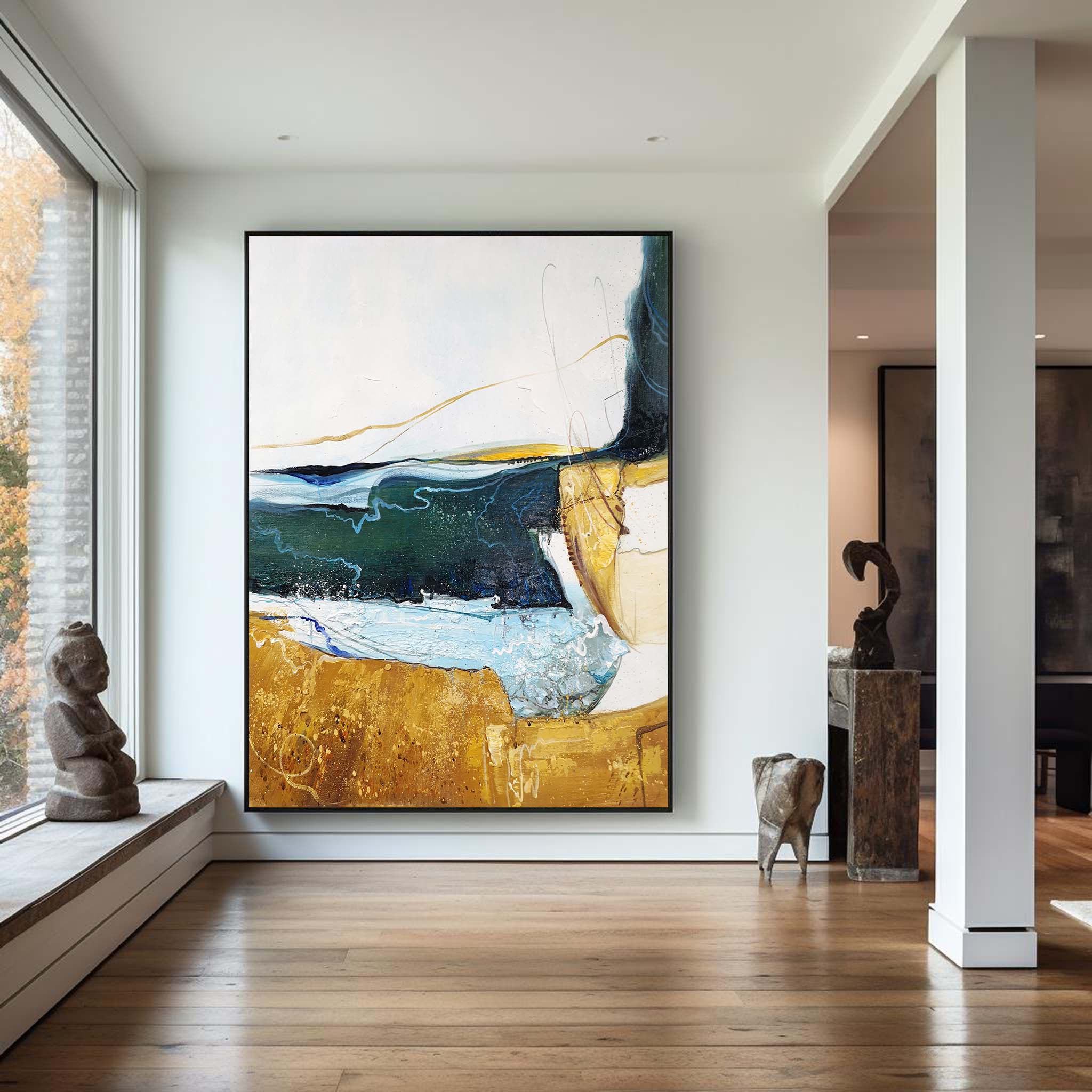 Coastal Abstract Blue Gold Organic Textured Wall Art
