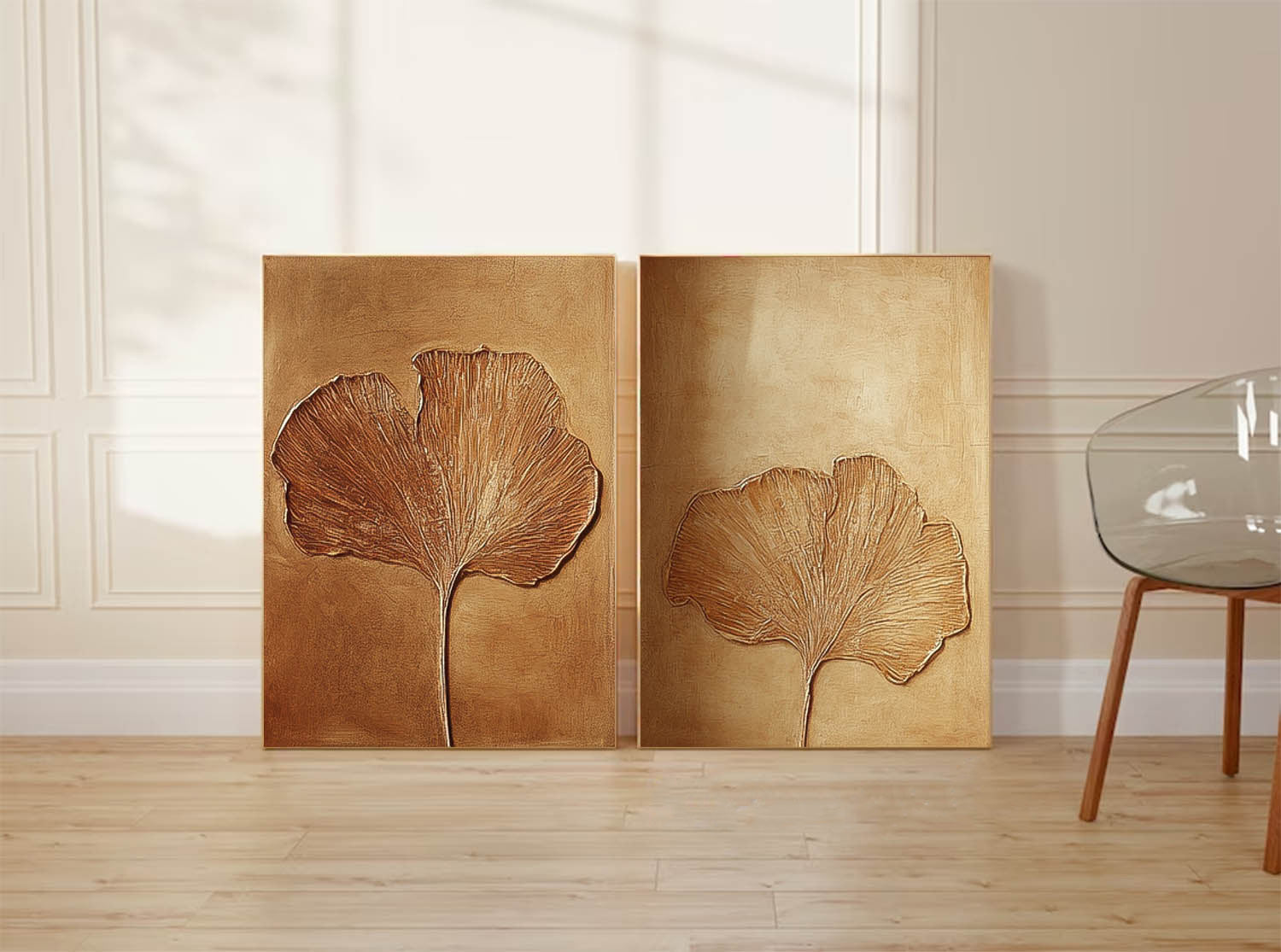 Textured Ginkgo Leaf Diptych Painting Luxurious