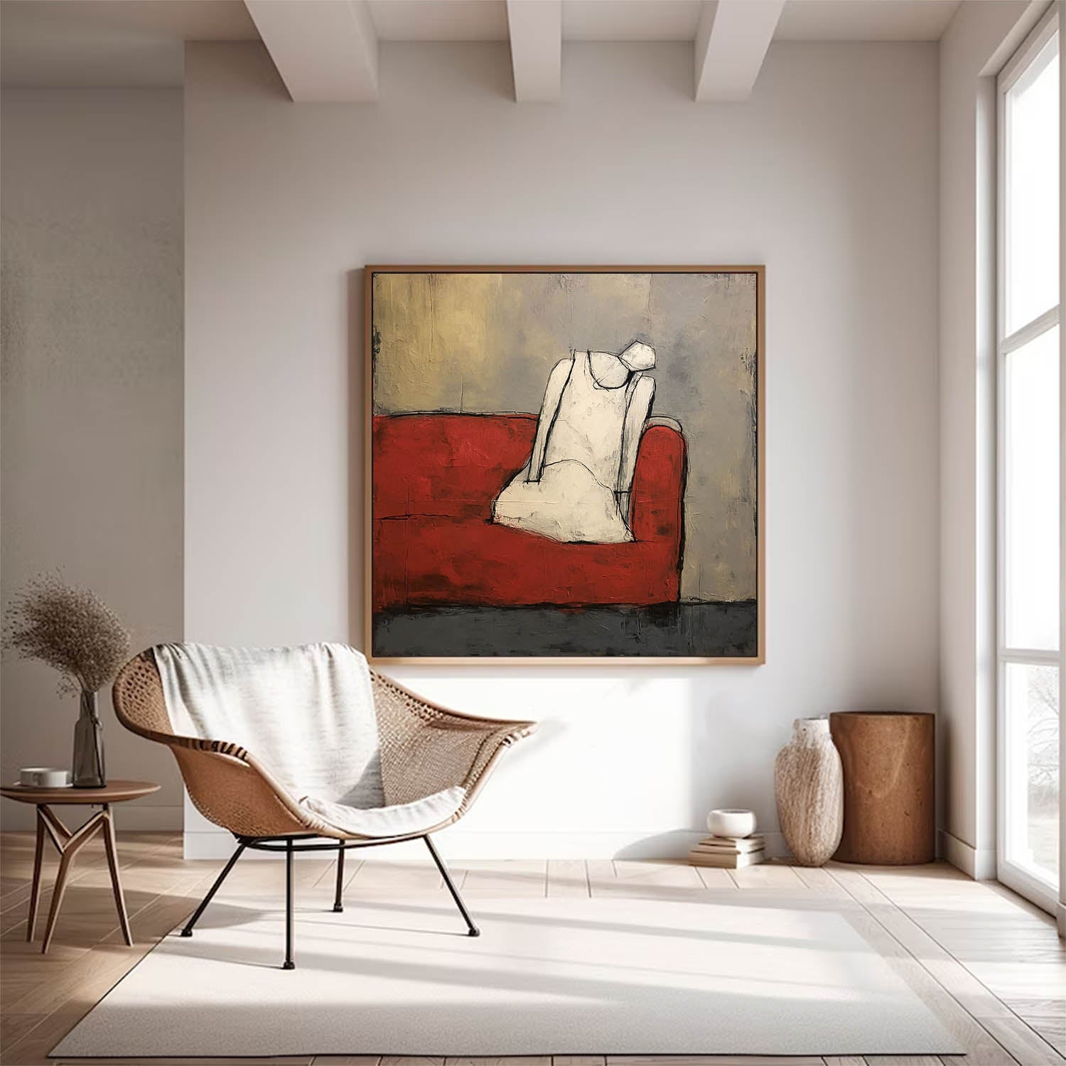 Seated Figure Oil Painting Red Sofa
