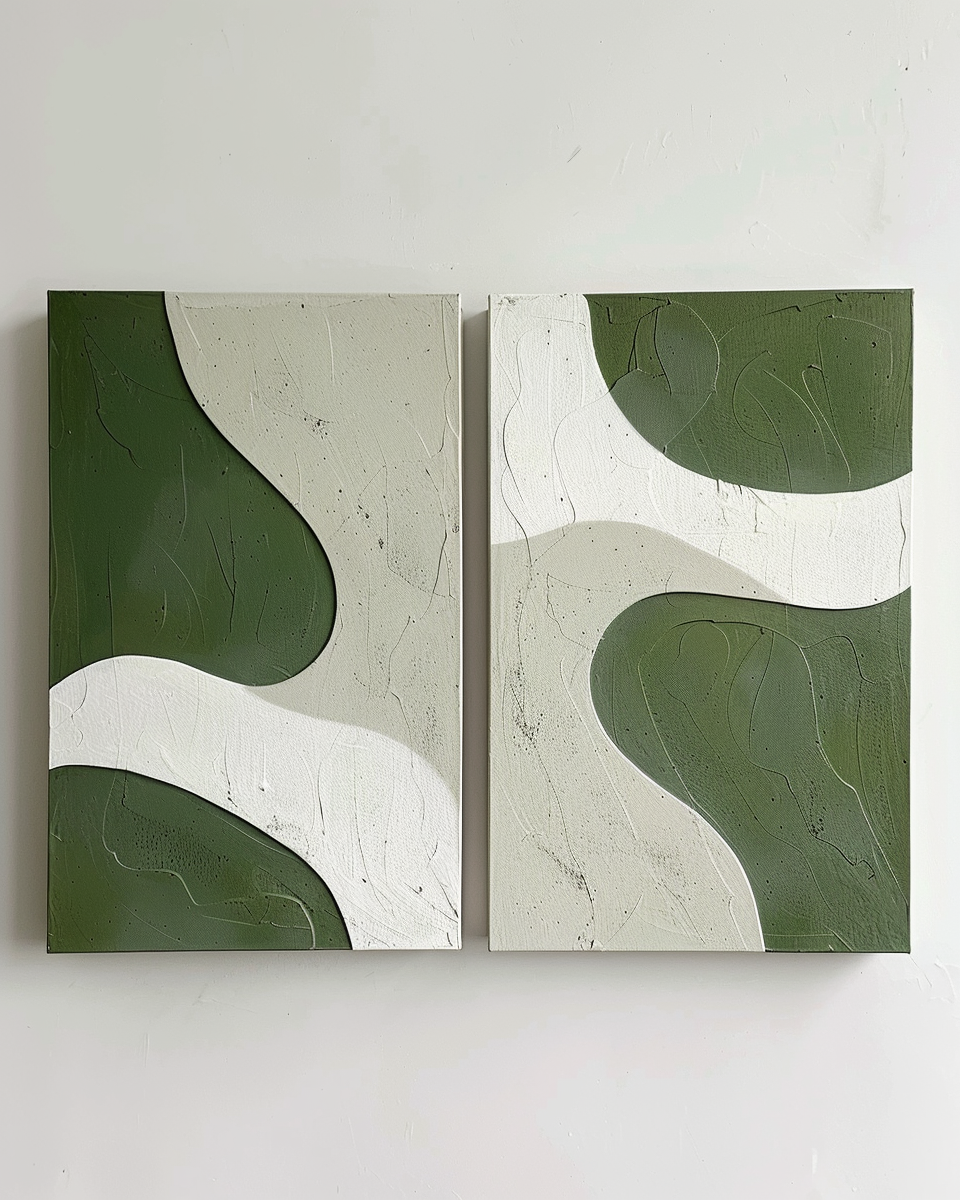 Two‑Panel Green‑White Curved Shape Abstract  Tactile Impasto Textured Artwork