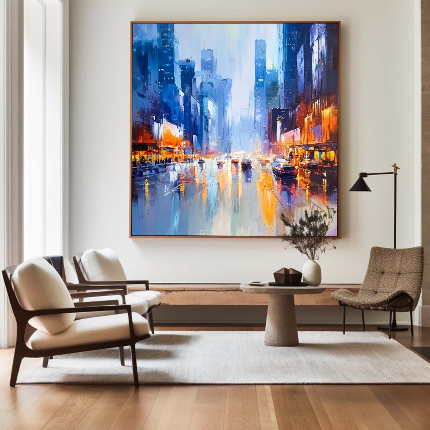 City Night Rain Reflection Oil Painting