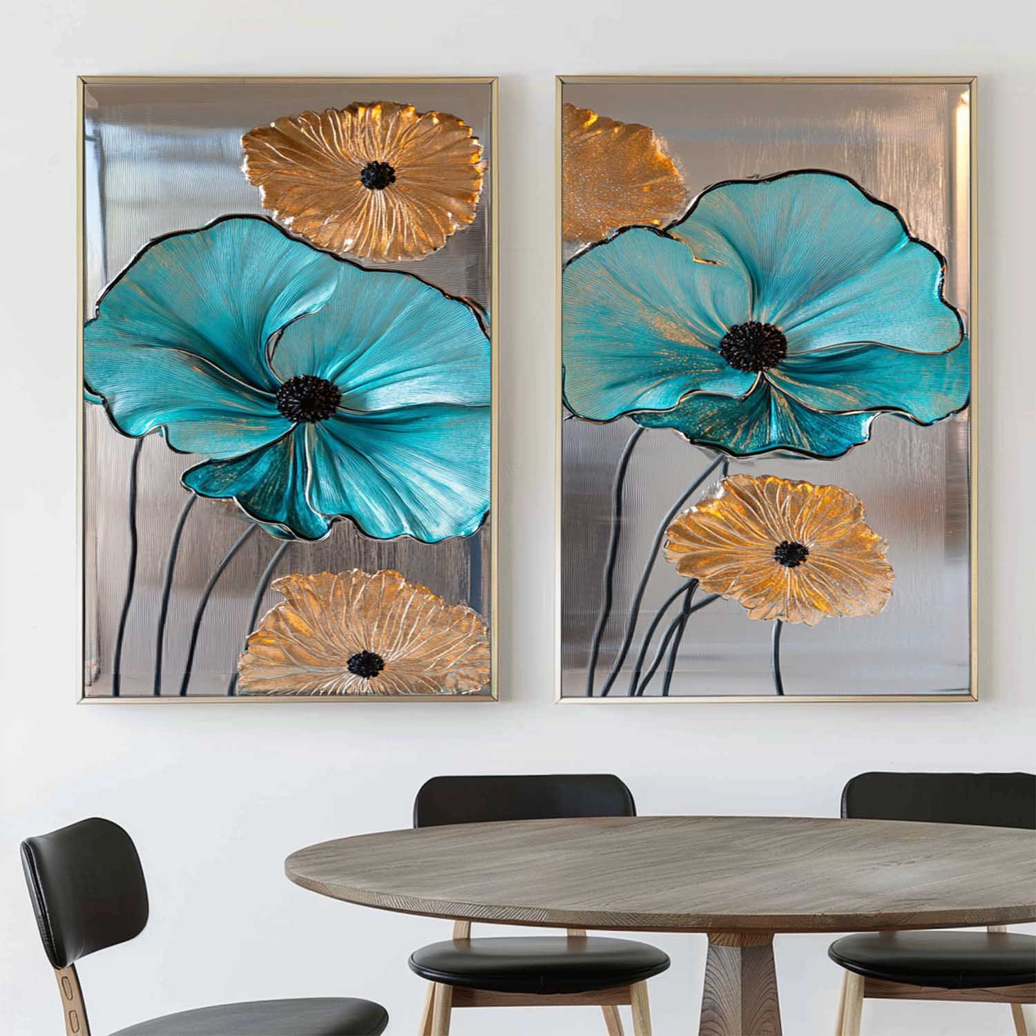 Teal and Gold Floral Canvas Wall Art Set