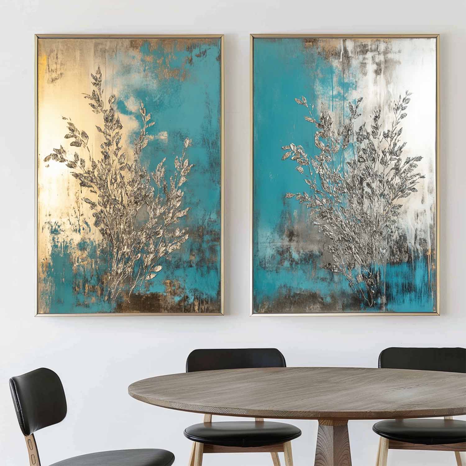 Teal Gold Abstract Diptych Textured Painting