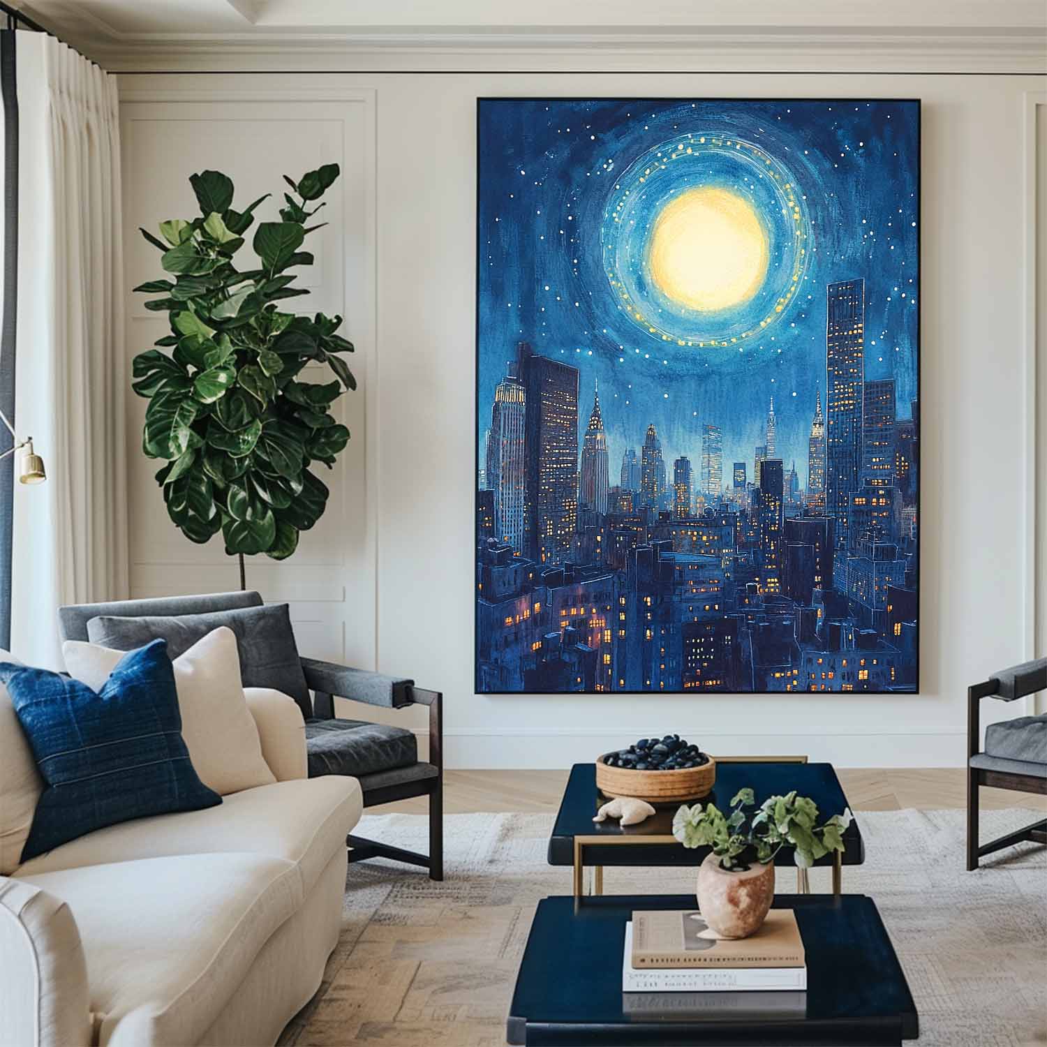 Starry Night City Skyline Canvas Art