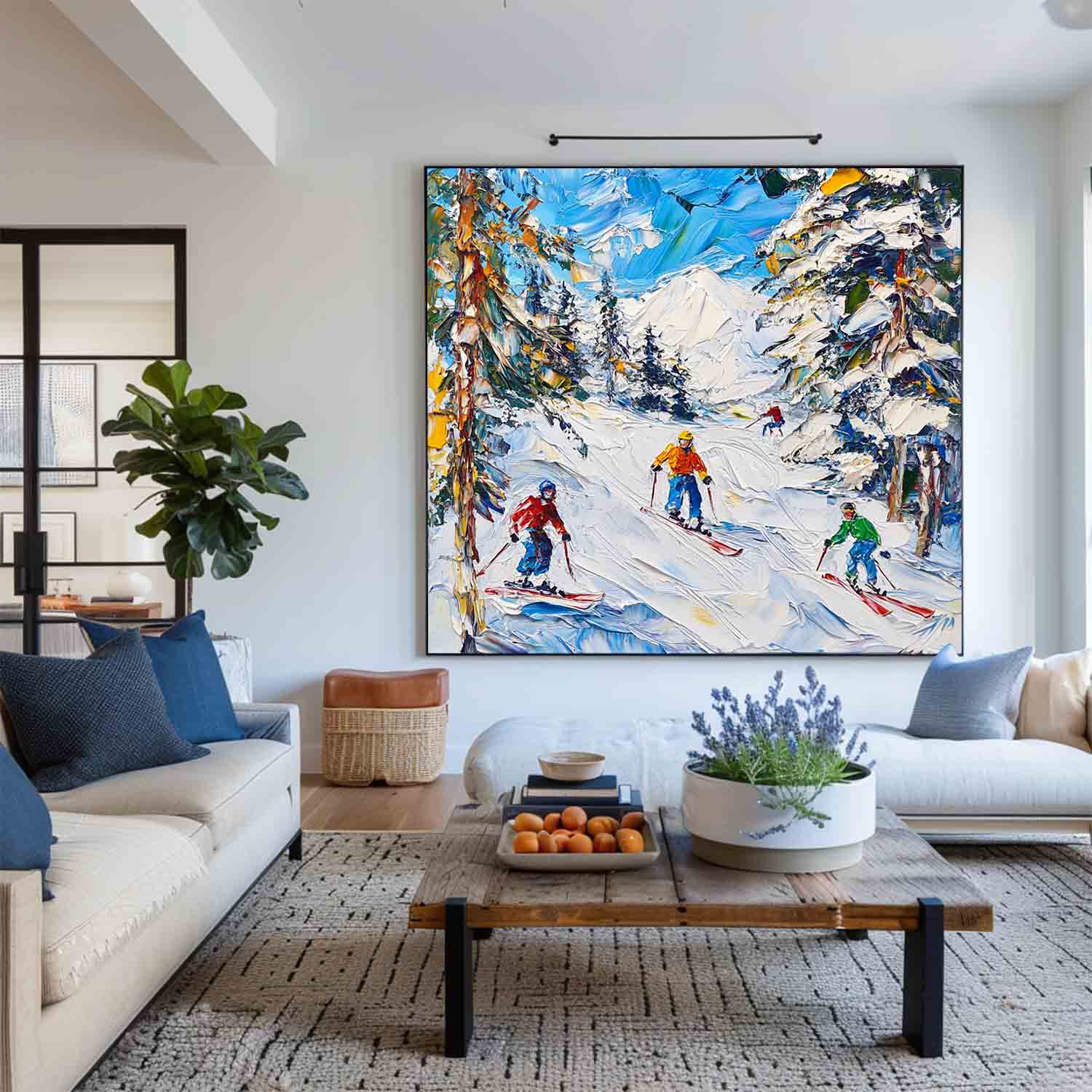Vibrant Winter Ski Mountain Scene Bold Color Thick Impasto Textured Artwork