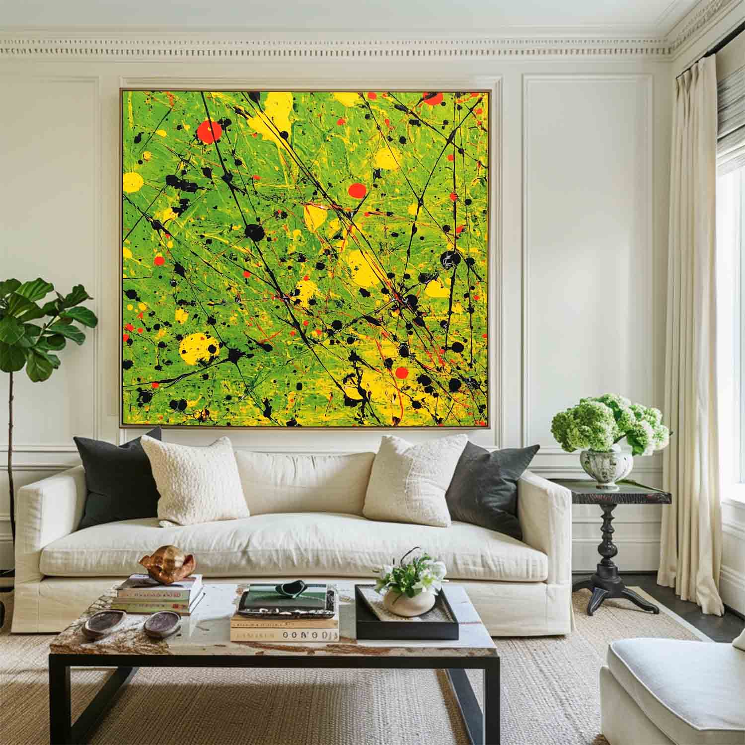 Green Splatter Abstract Pollock Canvas Art
