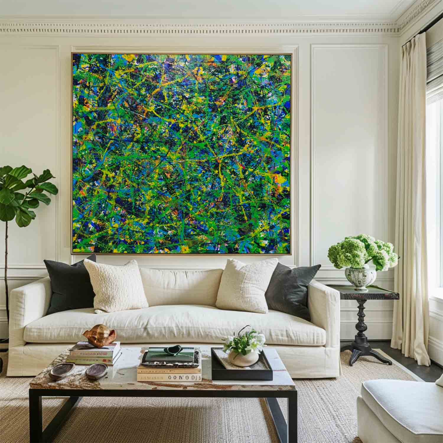 Green Chaos Paint Splatter Abstract Canvas Art