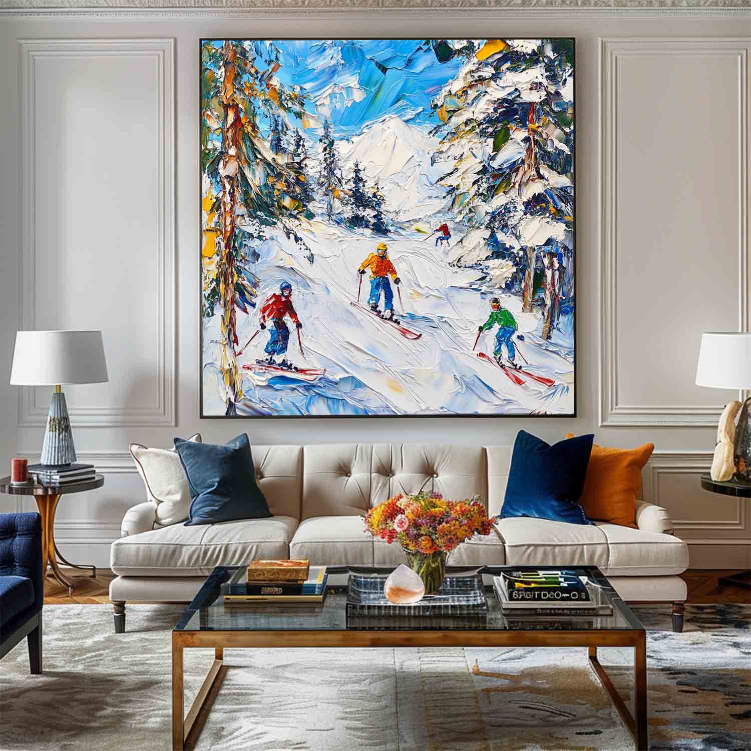 Vibrant Winter Ski Mountain Scene Bold Color Thick Impasto Textured Artwork
