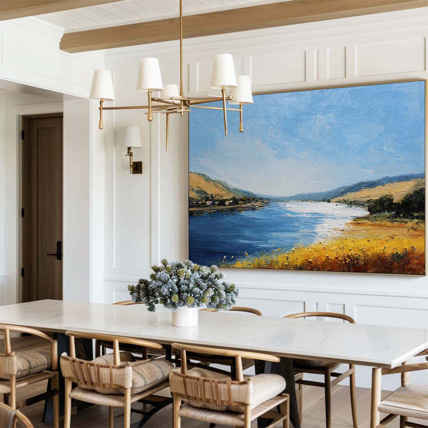 Blue‑Yellow‑Gold Horizontal Impasto Scenic Textured Landscape Artwork